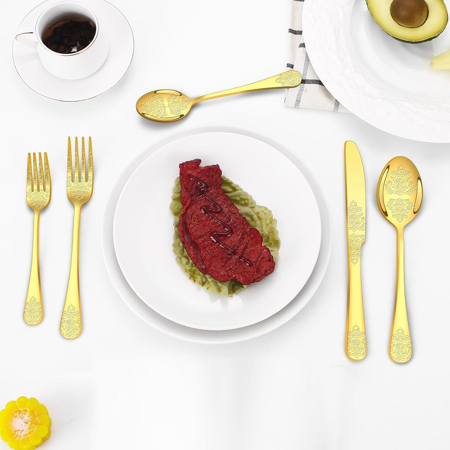 40 Pcs Gold Silverware Set for 8 with Classical Flower Embossed Design, Food Grade Stainless Steel Flatware Set, Eating Utensils Sets Include Fork/Knife/Spoon, Cutlery Set, Dishwasher Safe