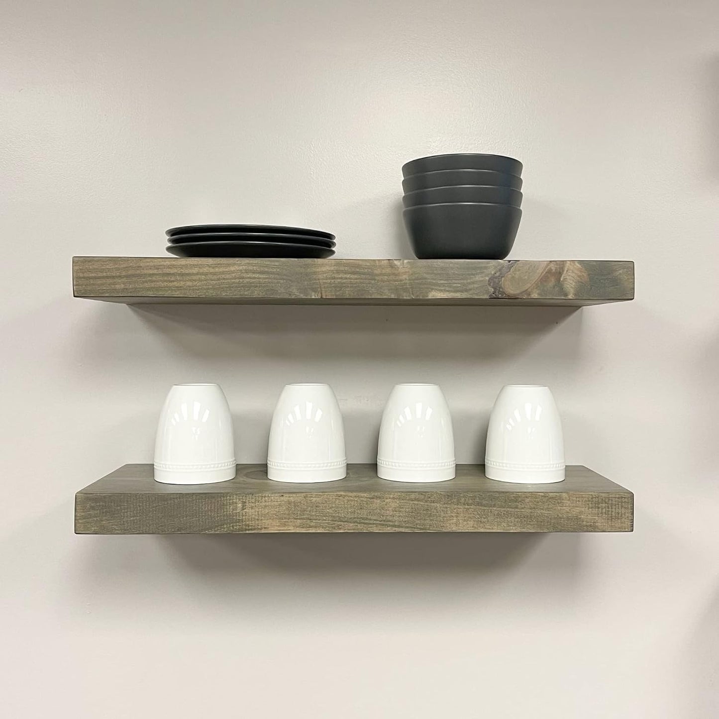 URBANDI, Rustic Floating Shelves, Set of 2, Hidden Bracket, Solid Wood, Heavy Duty, Wall Mounted Shelves, (Grey, 48Wx8D)