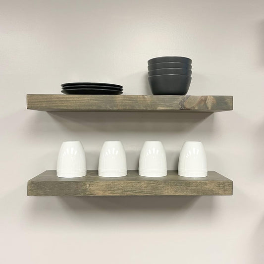URBANDI, Rustic Floating Shelves, Set of 2, Hidden Bracket, Solid Wood, Heavy Duty, Wall Mounted Shelves, (Grey, 12Wx6D)