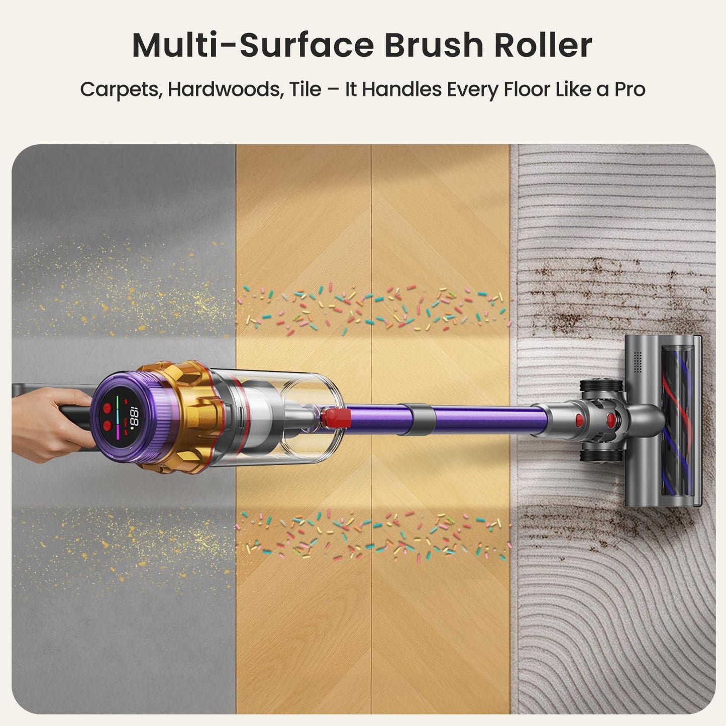 Xlife 550W Cordless Vacuum Cleaner 48KPa Powerful Suction, Long Runtime, Green Light Dust Detection, Adjustable Stick, Tangle-Free Brush for Pet Hair/Carpet/Hardwood Floors-P12