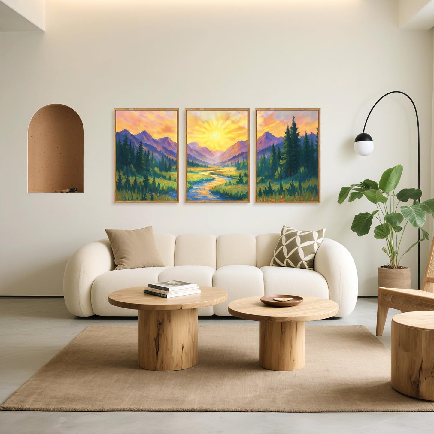 HPNIUB Vintage Mountain Framed Canvas Wall Art Set, Boho Sunrise Art Prints, Forest Nature Wilderness Art Paintings, Modern Farmhouse Pine Tree Wall Decor for Living Room Bedroom, Office- 16"x24"x3