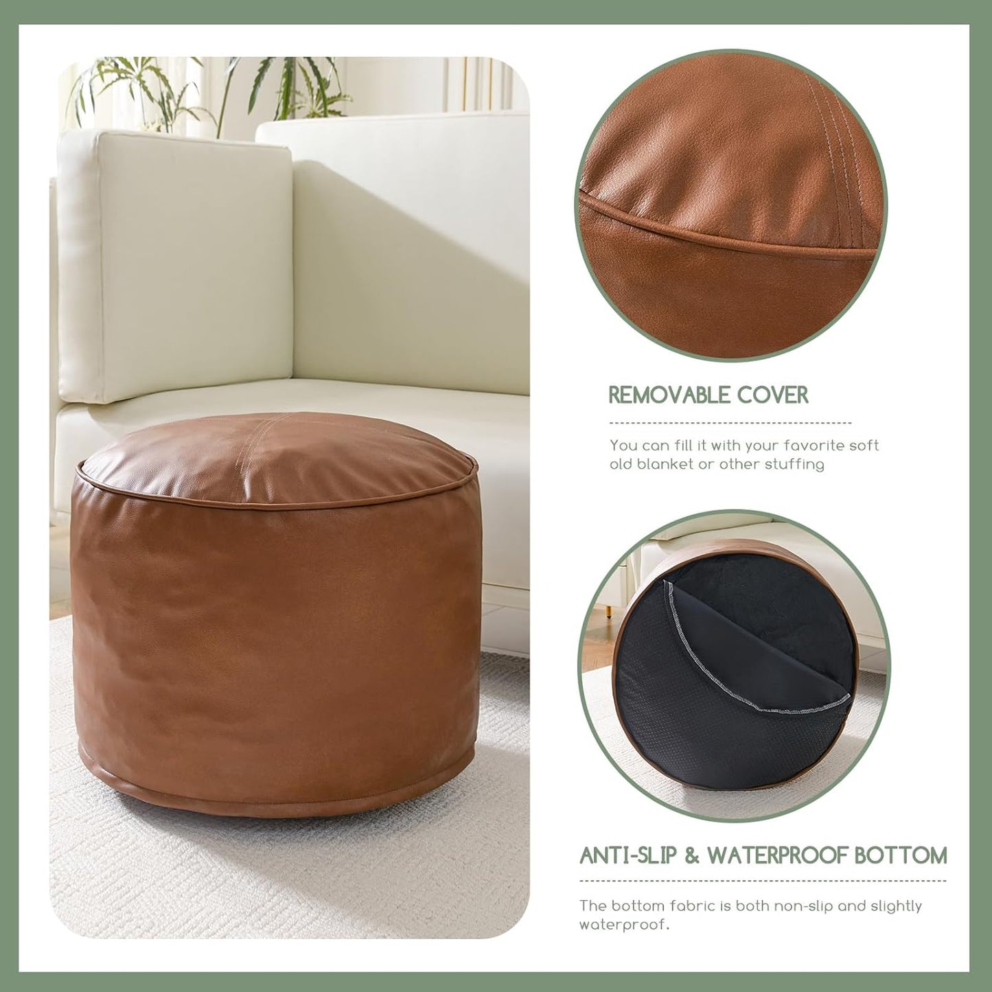 HIGOGOGO Round Stuffed Pouf Ottoman, Pu Leather Poufs with Foam Chunk Filling Foot Stool Storage Ottoman, 26 X 18 Floor Poufs Foot Rest for Living Room, Brown