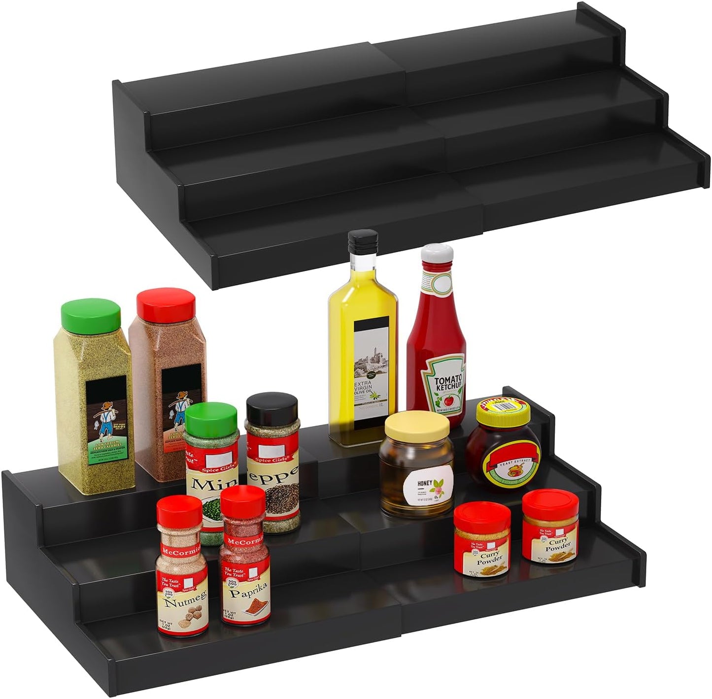 Spice Rack Organizer for Cabinet 2Pack, 3 Tier Expandable Bamboo Spice Storage, Great for Kitchen Cabinet, Cupboard,Pantry and More(Black)