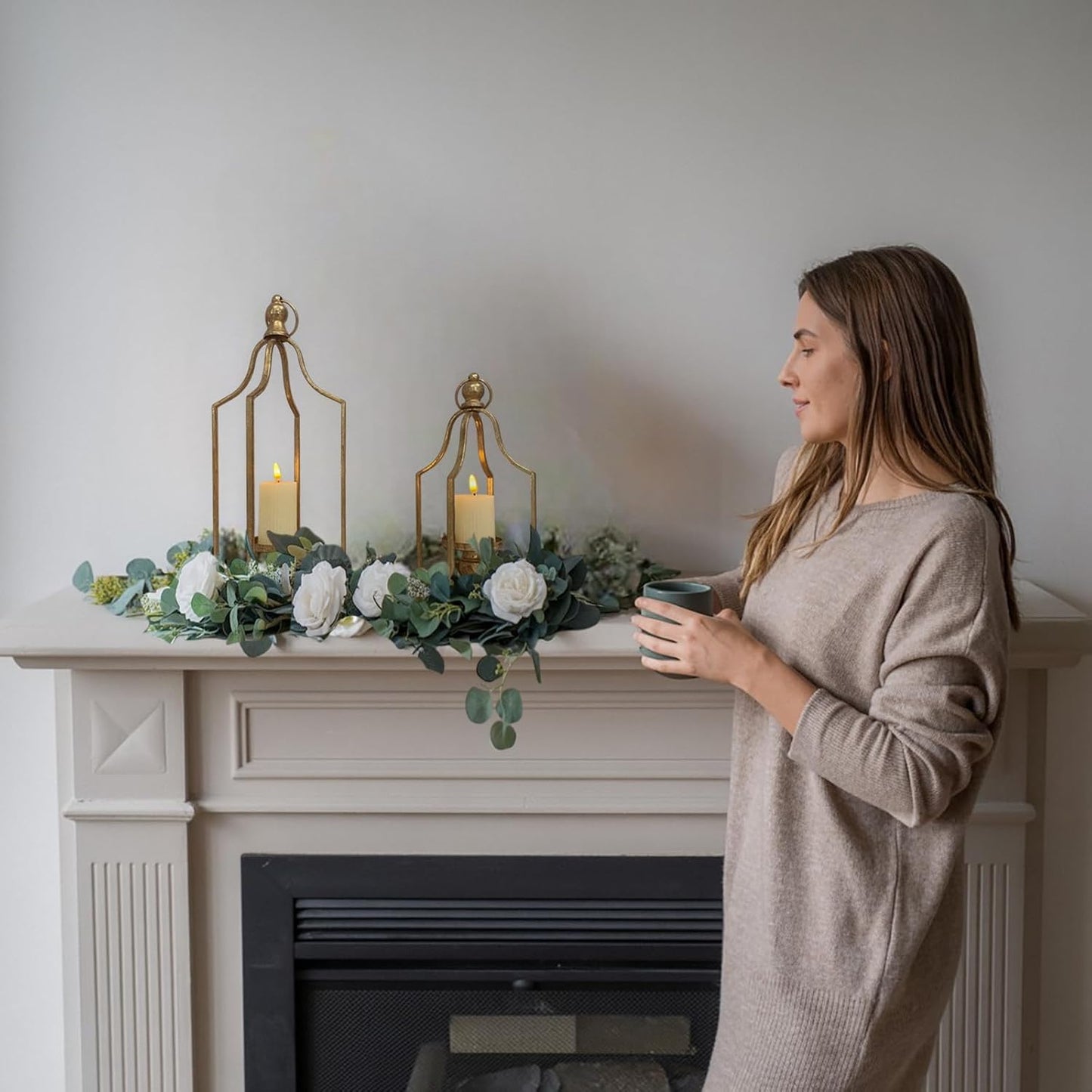 Large Tall Shabby Chic Lanterns Decorative Indoor Outdoor, Outside Gifts Front Porch Patio Vintage Metal Candle Holders, Fireplace Table Floor Farmhouse Rustic Decor Set of 2 (Antique Gold)