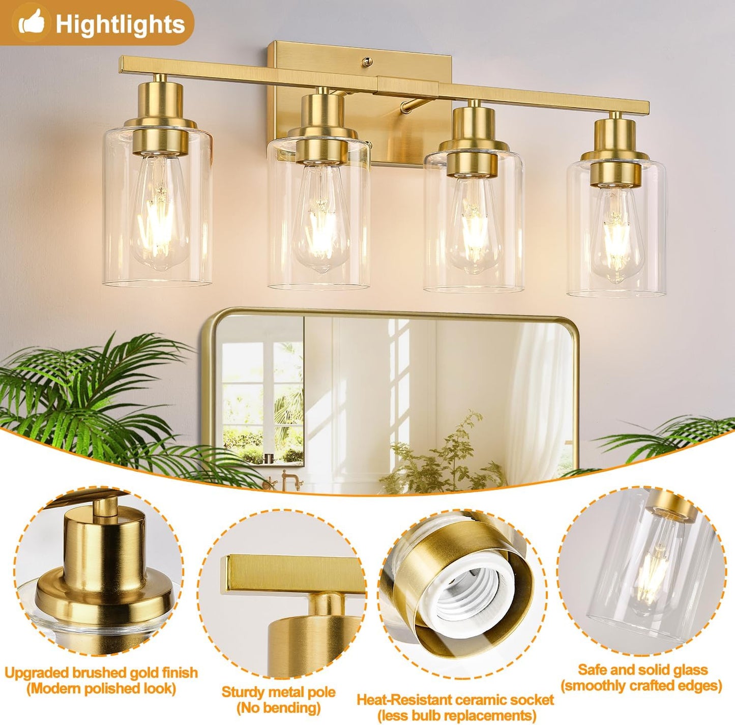 4-Light Vanity Lights with Clear Glass Shades, Brushed Gold Bathroom Light Fixtures Over Mirror, Modern Bathroom Wall Lamp for Mirror Living Room Cabinet Bedroom Porch