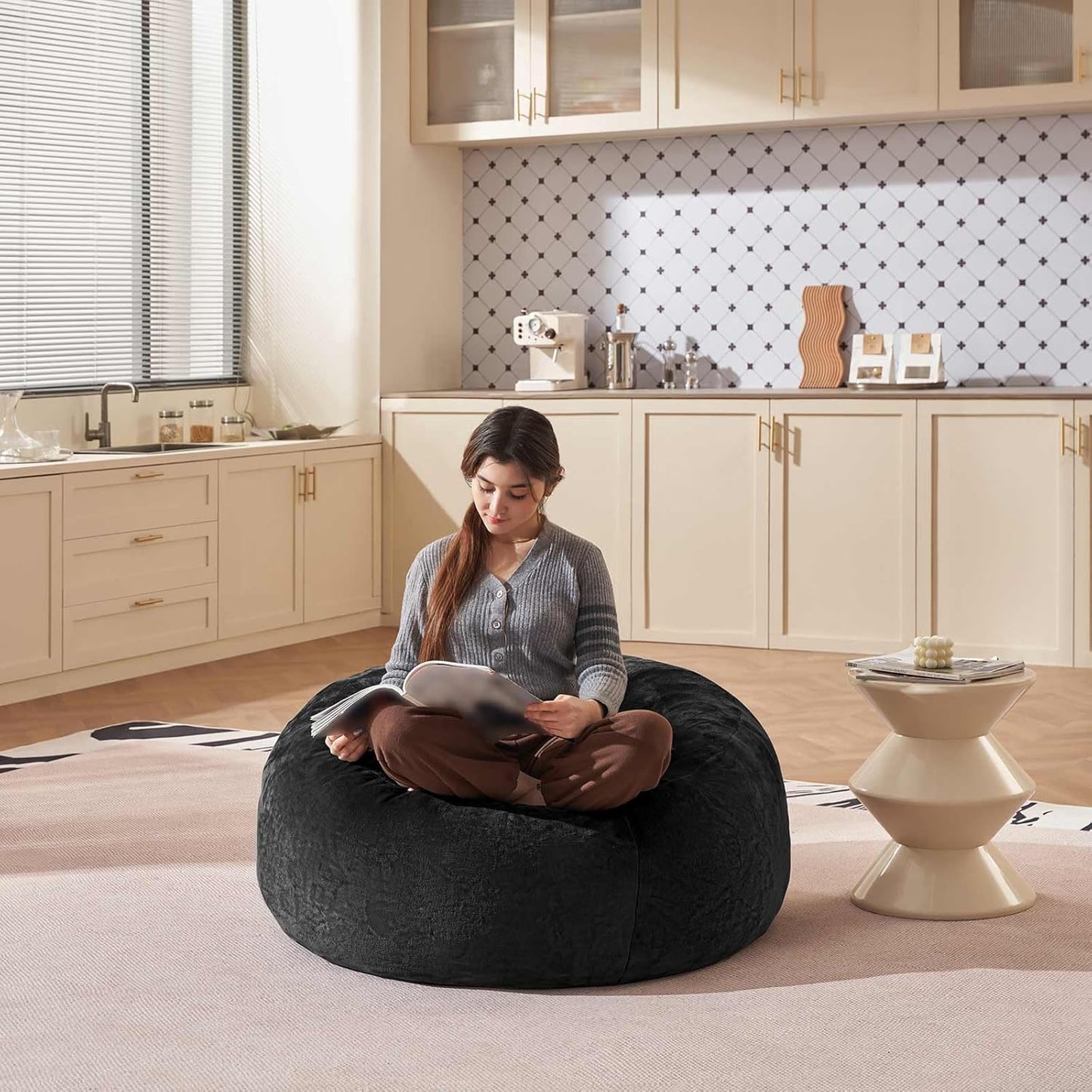 Bean Bag Chair 3Ft, Memory Foam Filled, Large Beanbag Chairs for Adults and Teens, Soft Sofa with Removable Flannel Cover, Round Couch for Living Room Bedroom College Dorm (Black, 3FT-36×36"×24")