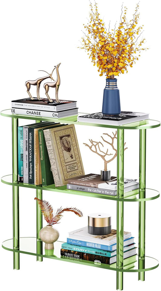 Clear Bookshelf, Acrylic Bookcase with Open Book Shelf Console Table for Entryway Office (3 Tier Green)