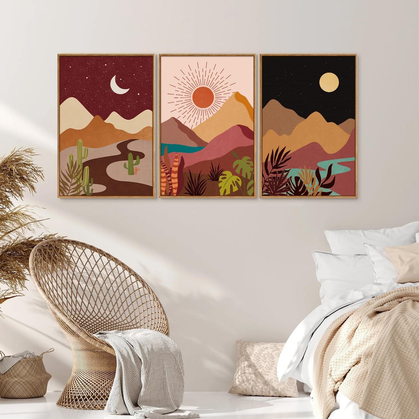 SIGNINART Boho Desert Framed Canvas Wall Art Set of 3, Colorful Sun and Moon Art Prints, Bohemian Modern Cactus Art Paintings, Southwestern Landscape Wall Decor for Living Room, Bedroom, Office 16"x24"