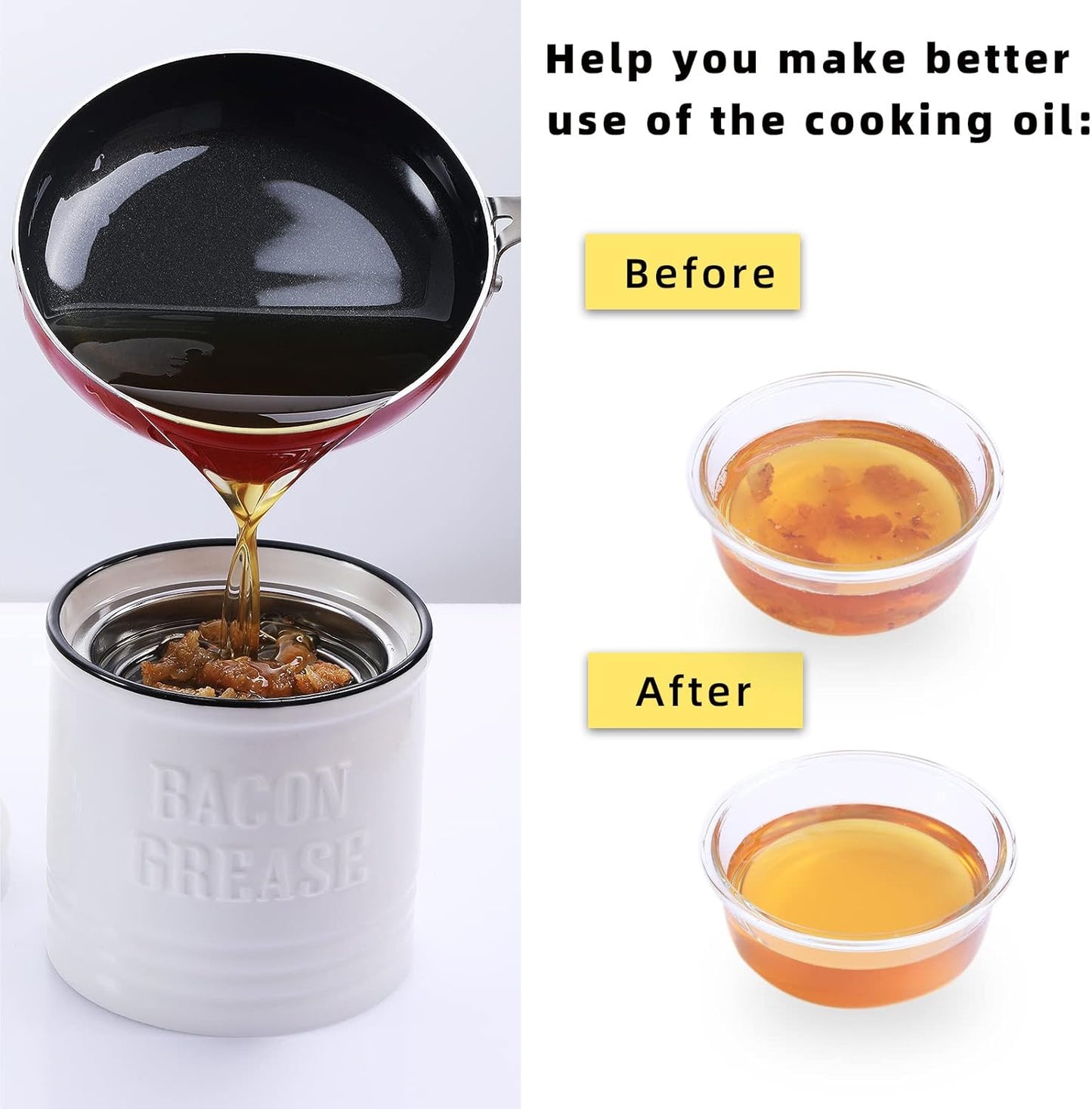 Ceramic Bacon Grease Container Keeper with Strainer,1L Frying Oil Storage Can White