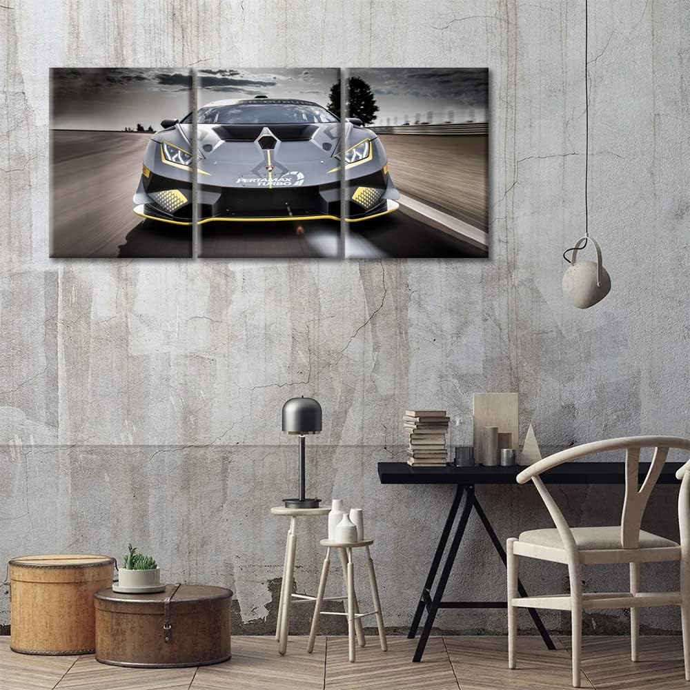 TUMOVO Wall Decor Gray Sports Car on the Road Canvas Wall Art Supercar Modern Artwork for Office Speed Racing Car Picture Print on Canvas 3 Panels Framed Ready to Hang for Living Bedroom, 36" Wx16 H