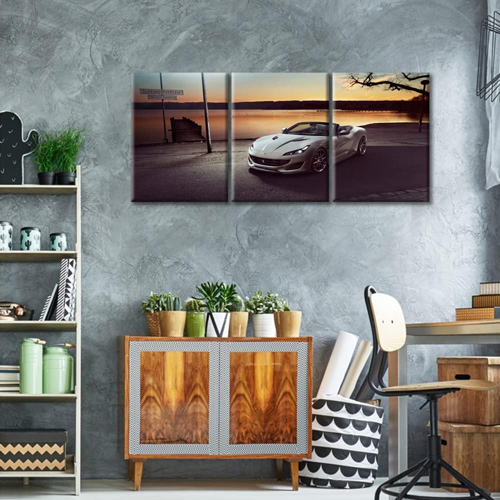 TUMOVO White Sports Car Canvas Wall Art for Living Room Hypercar by the Lake Modern Abstract Painting 3 Pieces Supercar Picture for Bedroom Office Home Wall Decorations Frame Wall Decor, 36" Wx16 H