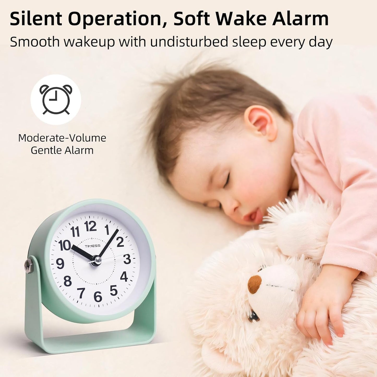 Analog Alarm Clock, Silent Non-Ticking Quartz Movement, Battery-Operated with Snooze & On-Demand Light, Easy to Set Gentle Wake Bedside Desk Clock, Ideal for Home, Travel, Office (Green)