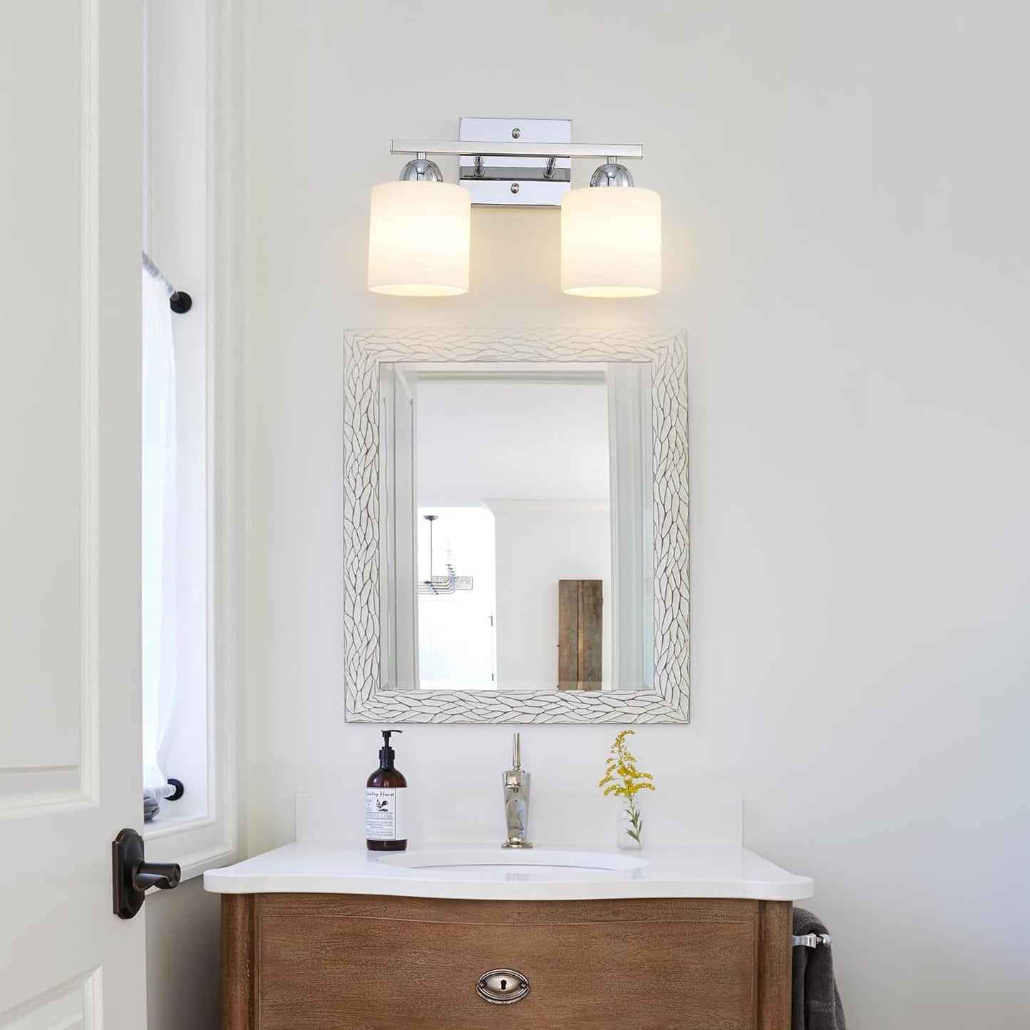 Stainless Steel Milk Glass Vanity Lights for Bathroom, 2 Light Chrome Bathroom Light Fixtures Over Mirror, Ceramic E26 Sockets Wall Mounted