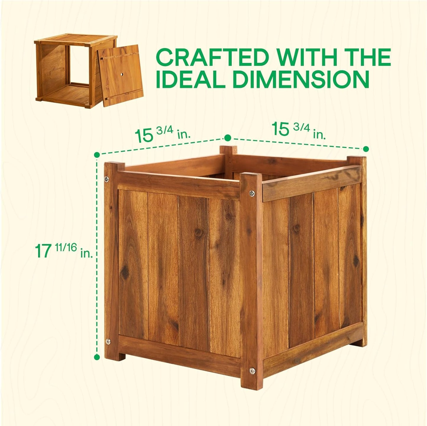 IDZO Acacia Wood Flower Planter Box for Outdoor Plants, 1pc Wooden Raised Garden Bed with Handles, Drainage Holes, Ideal for Garden and Home Décor, Light Cherry