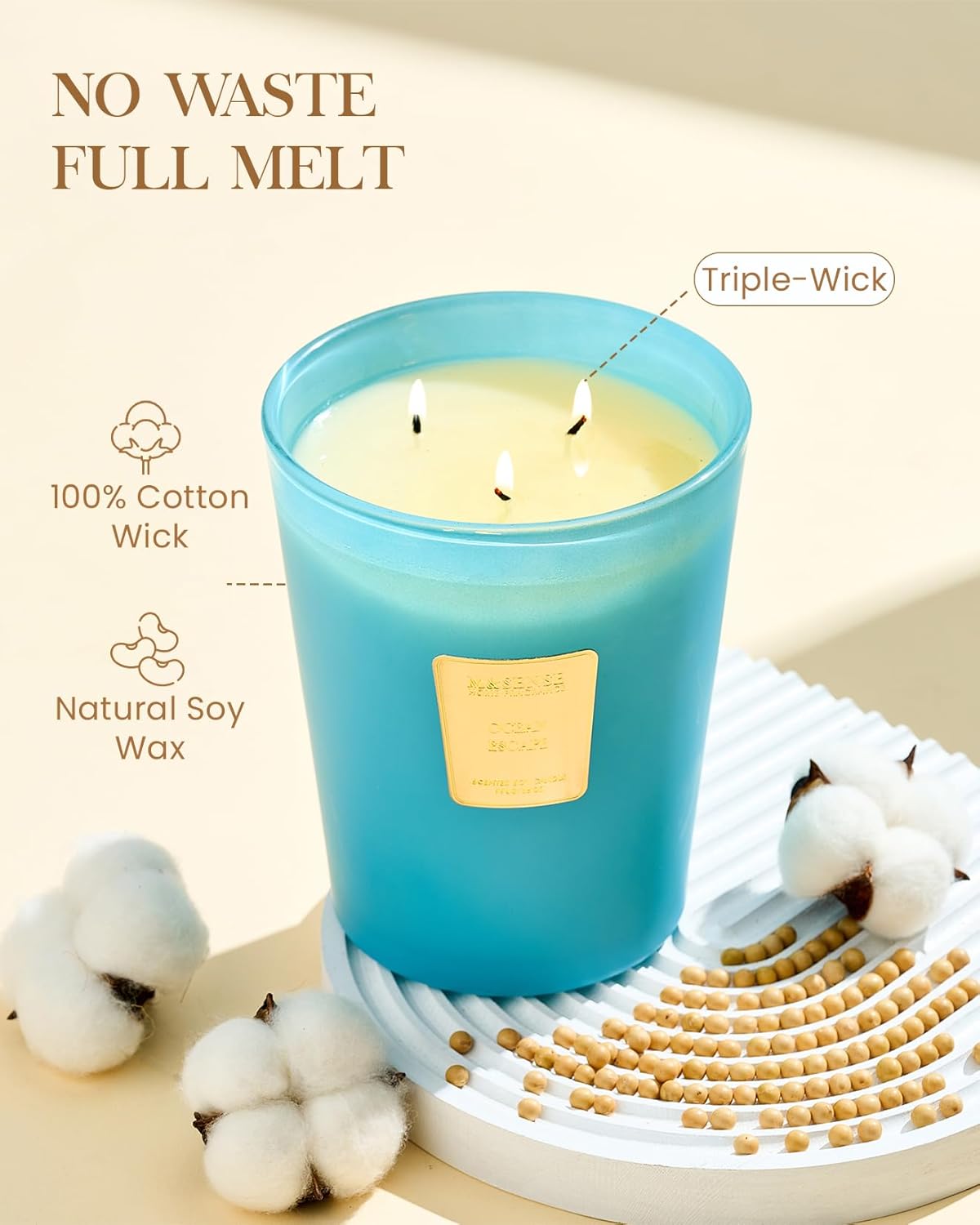 M&SENSE Ocean Escape Scented Candle 35oz 150H Burn Time Long Lasting, 3-Wick Natural Aromatherapy Candle Highly Scented, Home Fragrance Housewarming Gifts
