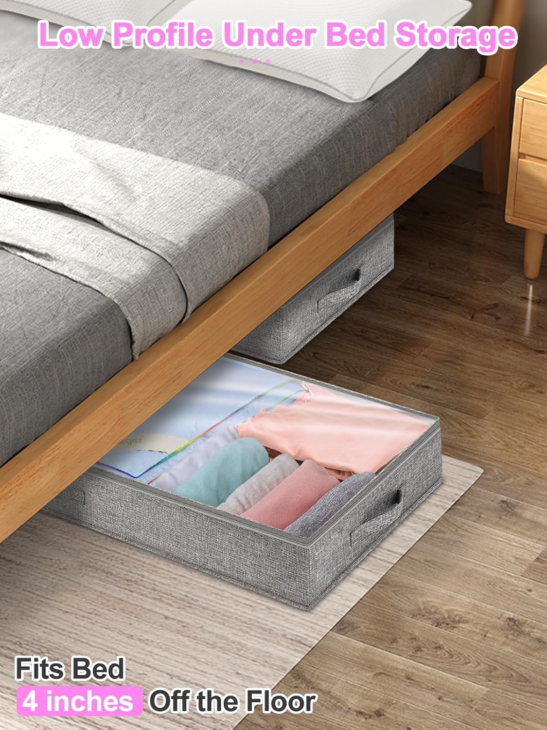 punemi 4pcs Under Bed Storage Containers, Below 4 Inches Tall Low Profile Underbed Storage, NO STRUCTURE, Soft Foldable Underbed Cloth Storage Bags, Zipper Blanket Storage Container, 20x40x3.7in