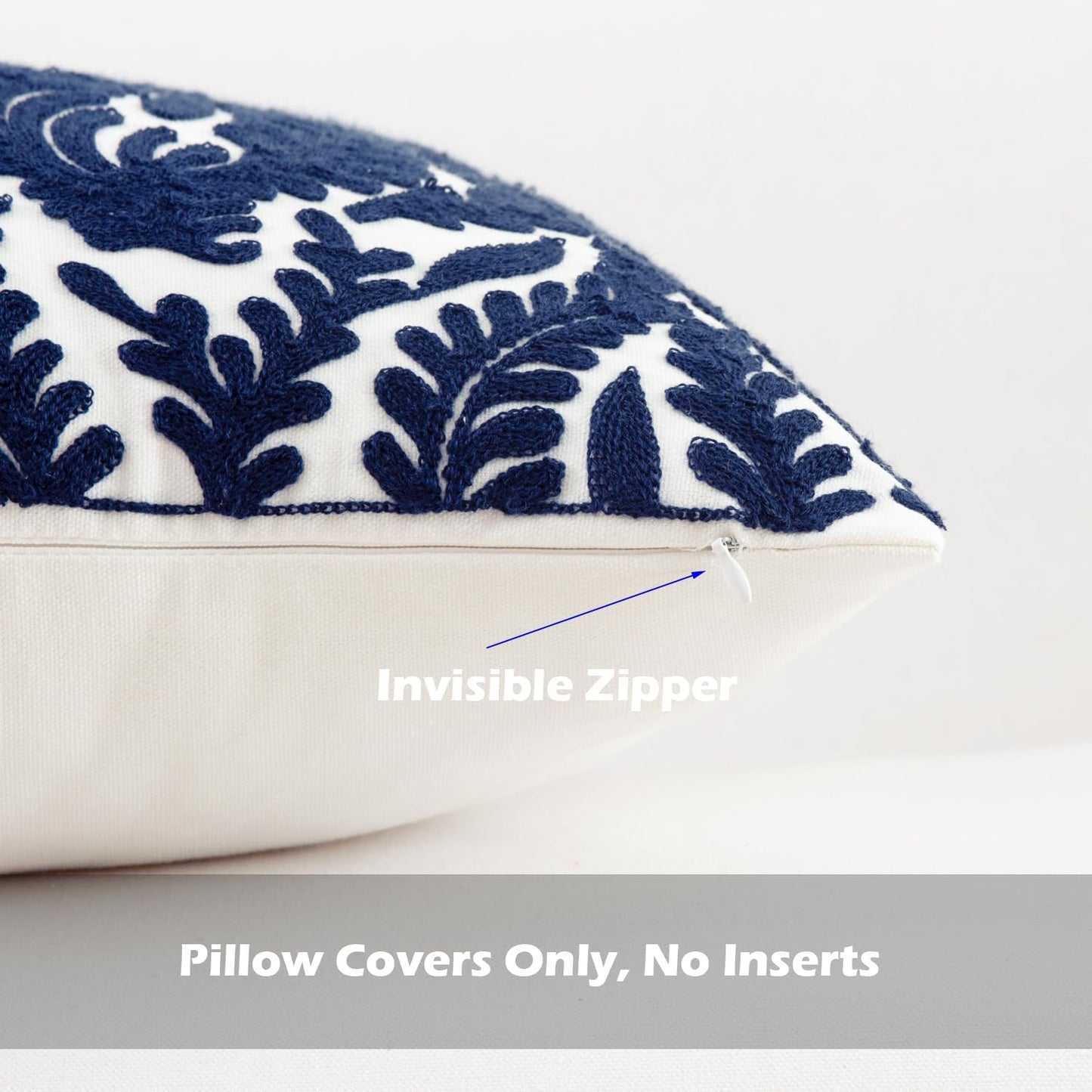 HWY 50 Navy Blue Decorative Throw Pillow Covers 18x18 Inch (1 Piece), Embroidered Cotton Farmhouse Cushion Cover Pillow Case for Sofa Couch Living Room Bed Bedroon, Floral Branches