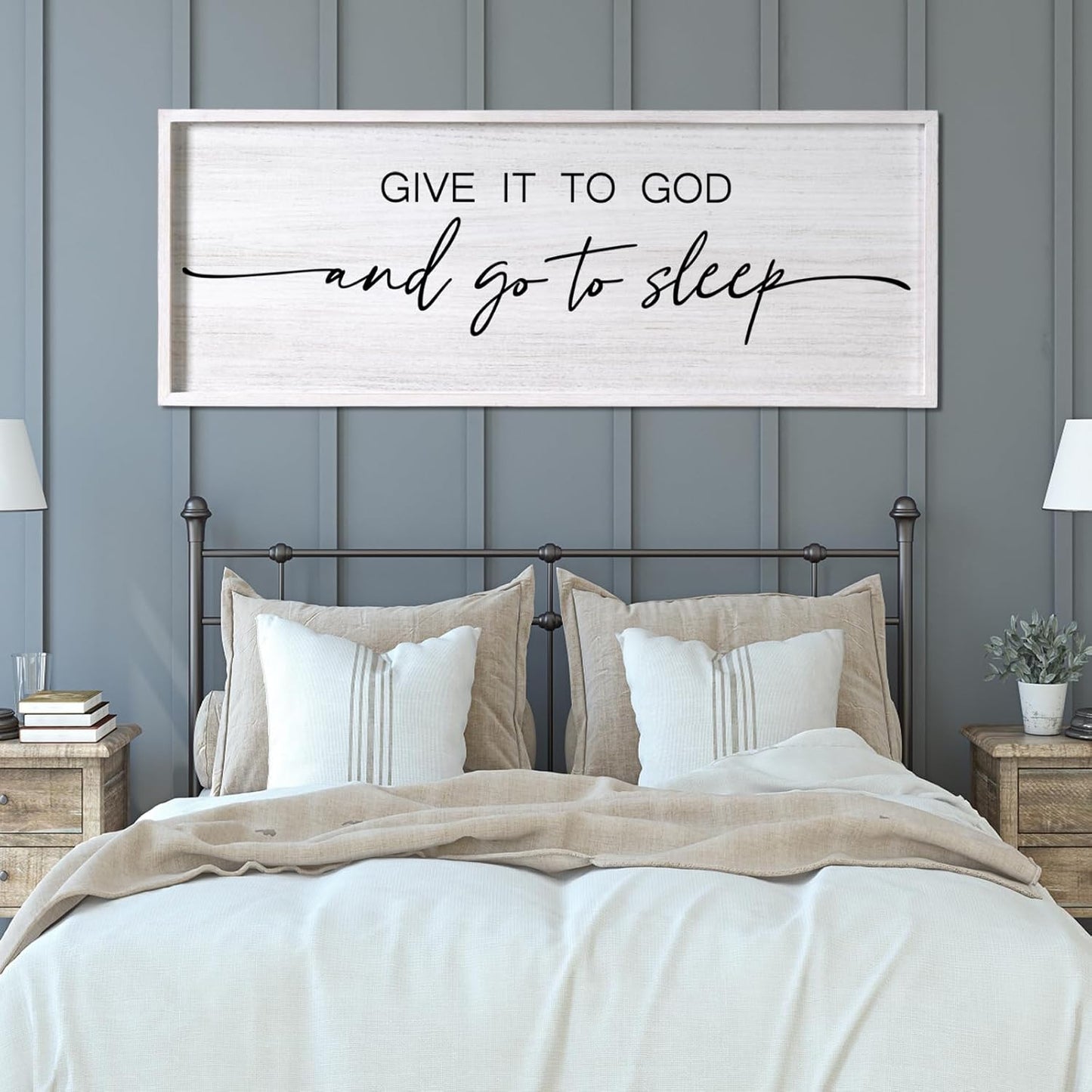 Give It to God and Go to Sleep Decorative Rustic Sign & Plaque Framed Wall Art for Couples, 40''×15'' Vintage Farmhouse Wooden Horizontal Wall Decor Above Bed, Cottagecore Wedding Gift for Bedroom