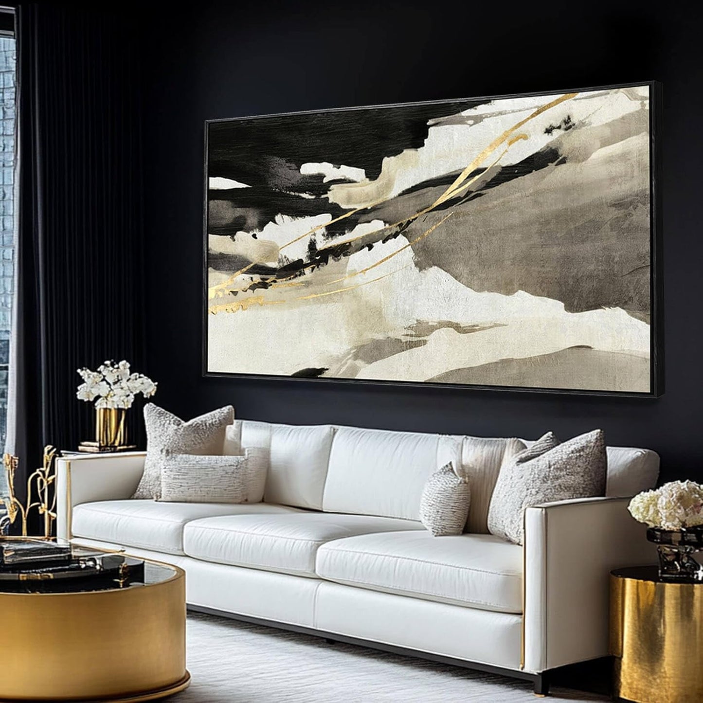 Black Gold Abstract Wall Art White Wall Decorations Canvas Art for Living Room Contemporary Painting Wall Decor Framed Pictures 29"x58"