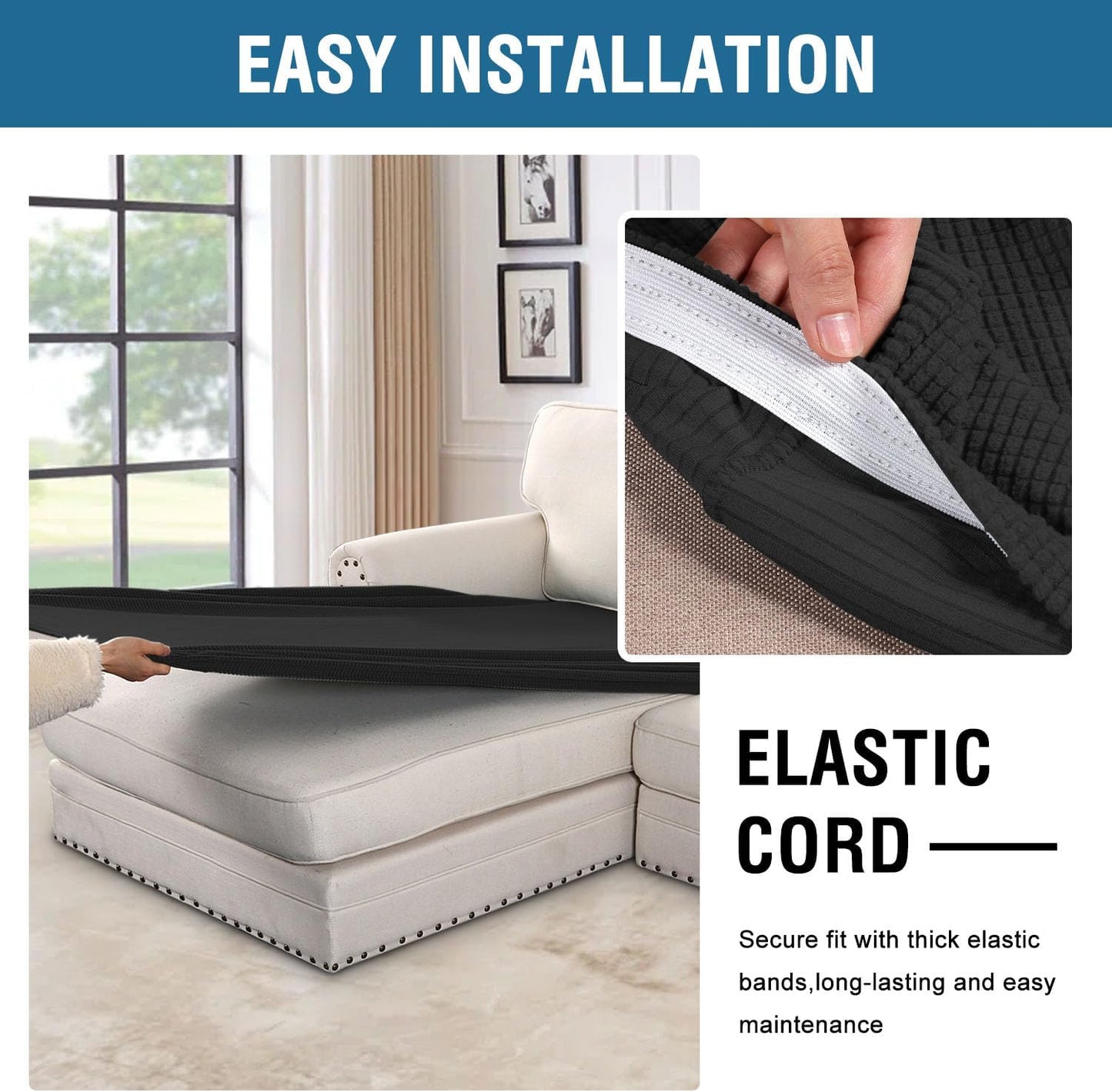 H.VERSAILTEX Super Stretch Individual Chaise Cover Sectional Couch Covers for L Shaped Sofa Both Left/Right Featuring Thick Jacquard Textured Twill Fabric (1 Piece Chaise Cover, Black)