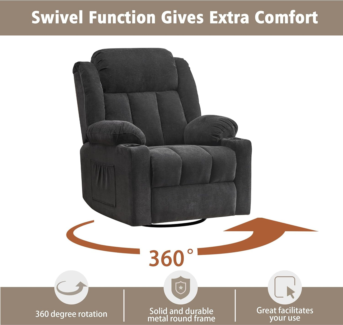 Rocker Swivel Recliner Chair for Adults, Overstuffed Large Manual Recliner Glider with Massage and Heat, Comfy Soft Fabric Living Room Reclining Sofa Chair (Black Fabric)