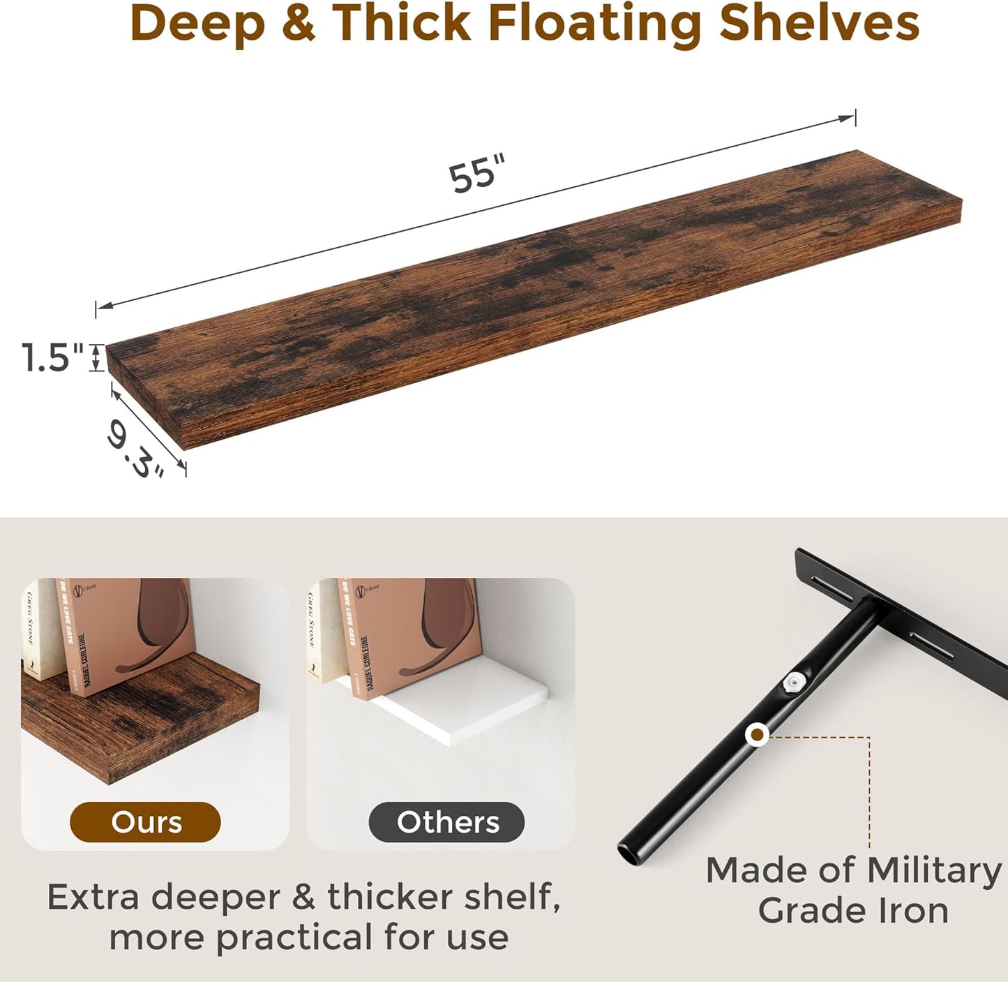 Floating Shelves 55 Inch Long, 55"W x 9"D Wall Shelf Invisible Bracket, 9 Inch Deep Floating Shelf for Wall, Rustic Wooden Shelves for Living Room, Kitchem, Bedroom, Rustic Brown Color, Set of 1