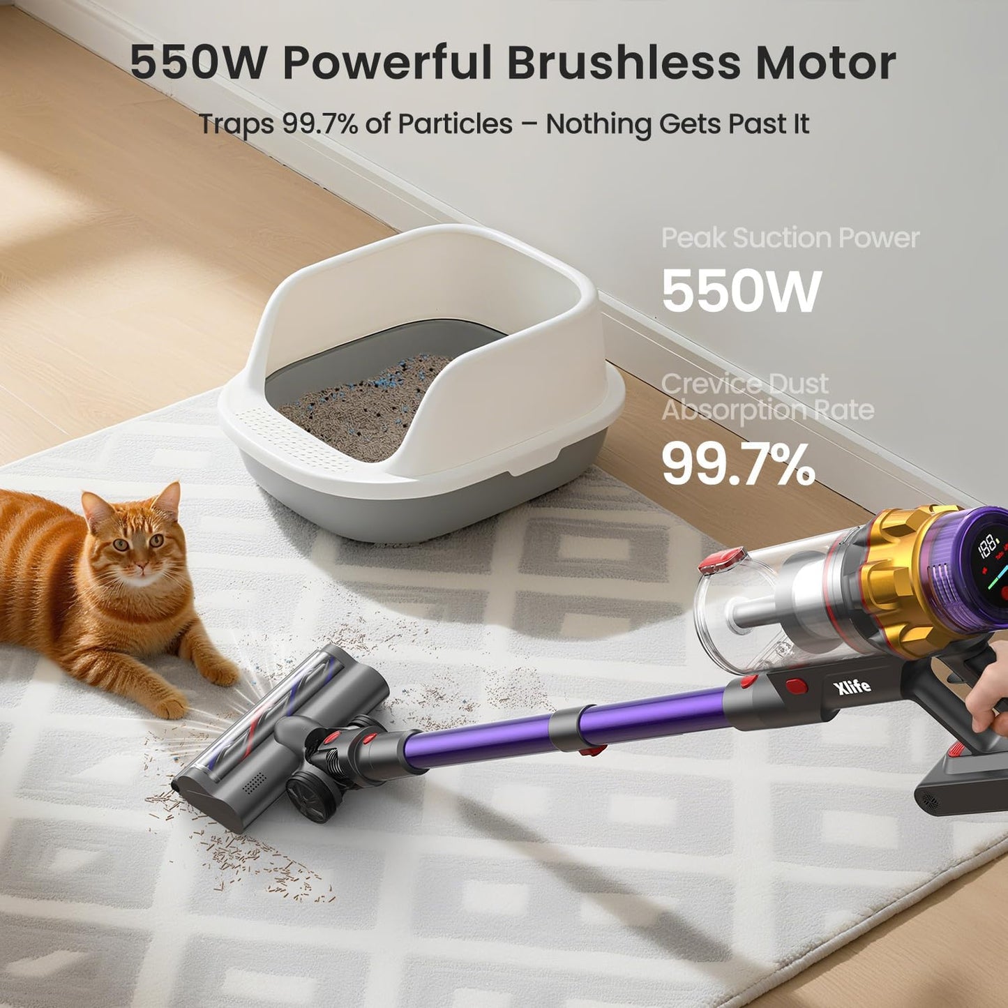 Xlife 550W Cordless Vacuum Cleaner 48KPa Powerful Suction, Long Runtime, Green Light Dust Detection, Adjustable Stick, Tangle-Free Brush for Pet Hair/Carpet/Hardwood Floors-P12