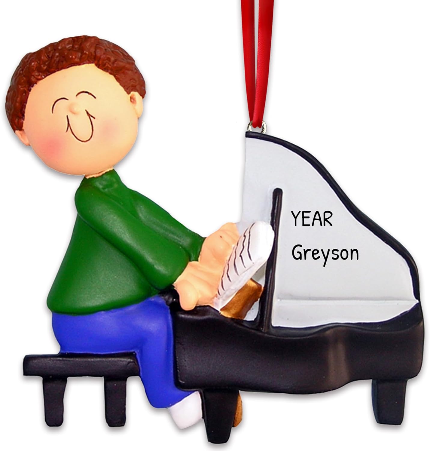 Ornaments by Elves Personalized Grand Piano Ornament for Christmas Tree 2024 - Brunette Music Boy Musical Instrument Decoration for Music Lovers