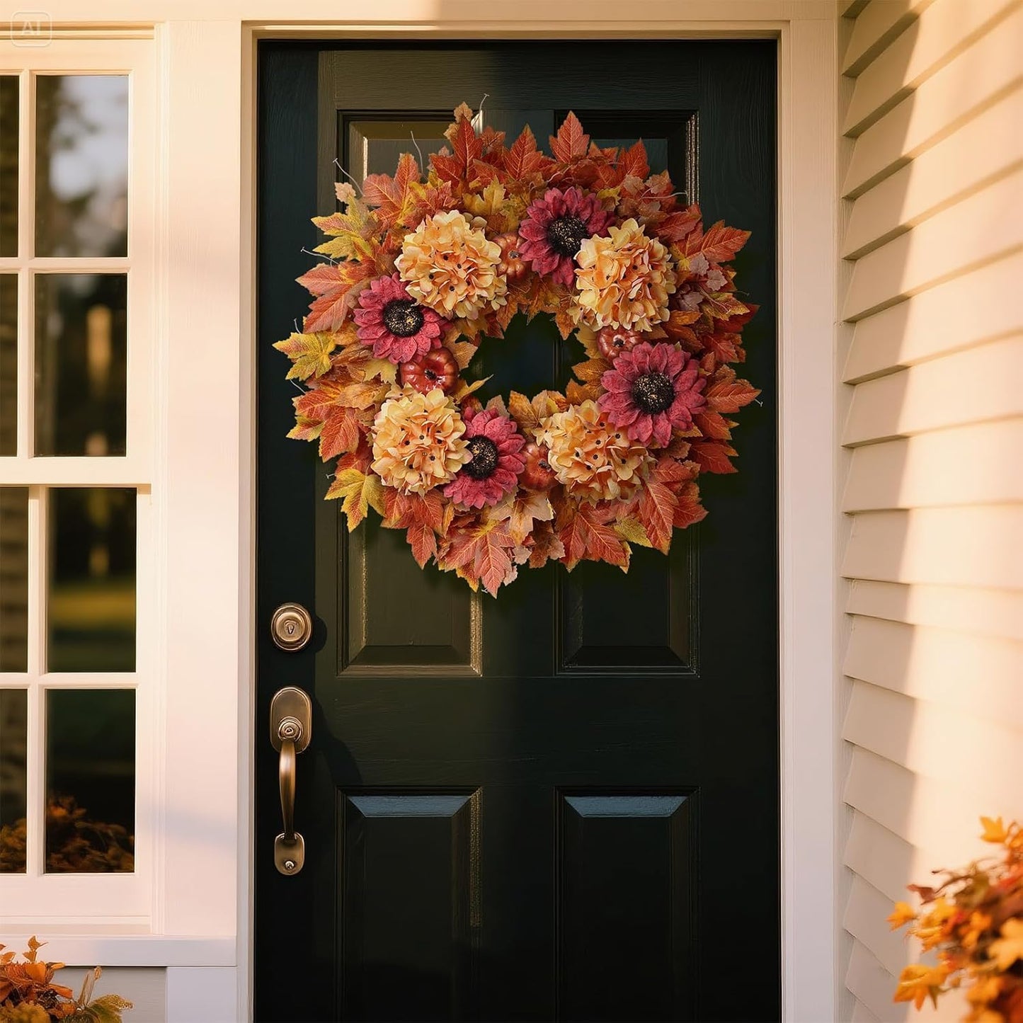 28'' Large Fall Wreath for Front Door, Porch, Window- Artificial Maple Leaves Faux Sunflower Hydrangea Pumpkins Outdoor Autumn Wreath for Home, Farmhouse Wall Thanksgiving Day Harvest Festival Decor