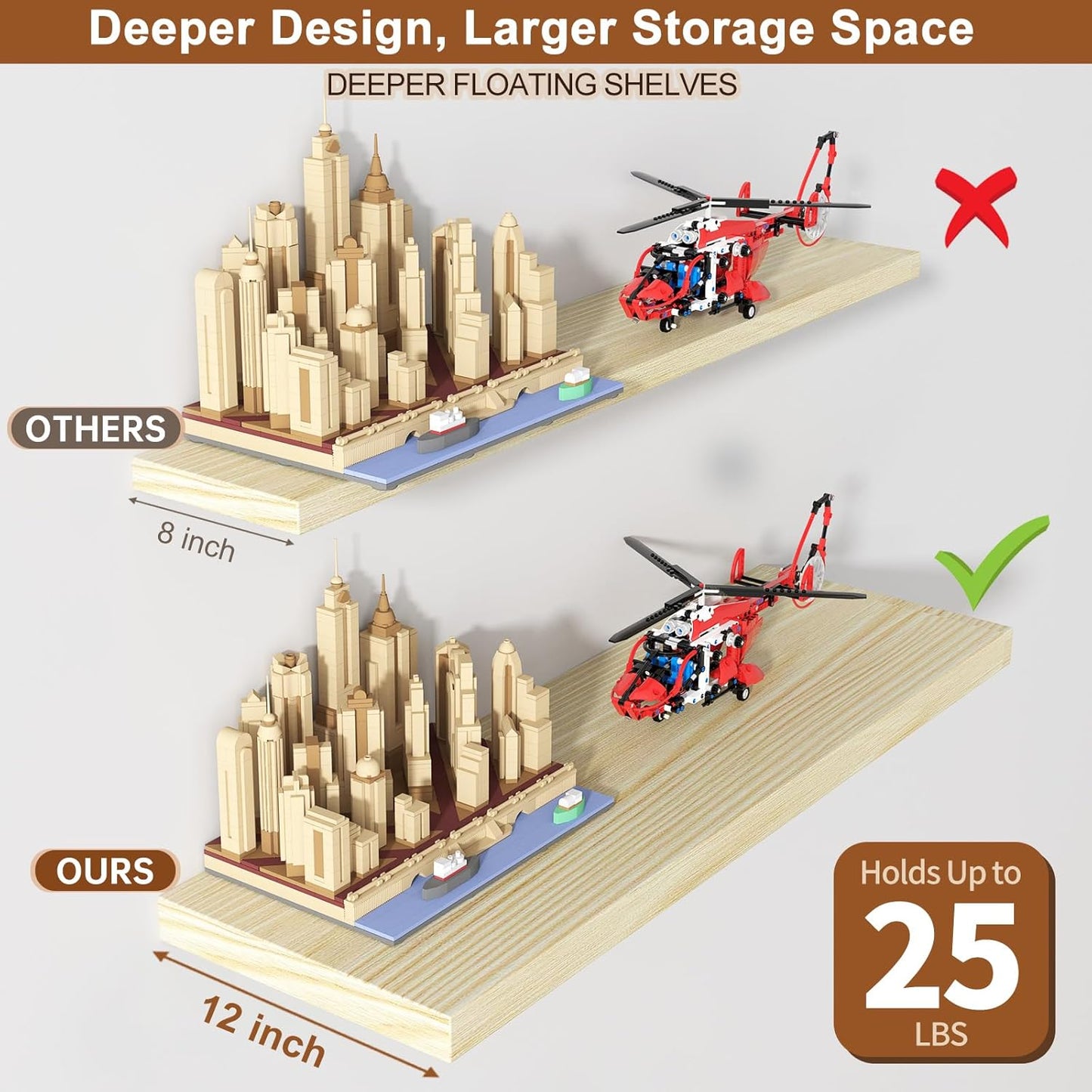 40 Inch Floating Shelf 3 Pack Large Floating Shelves for Wall No Drilling Accessories Included Deep Wall Shelves for Living Room Kitchen Farmhouse 40" W x 12" D x 1.2" Oak