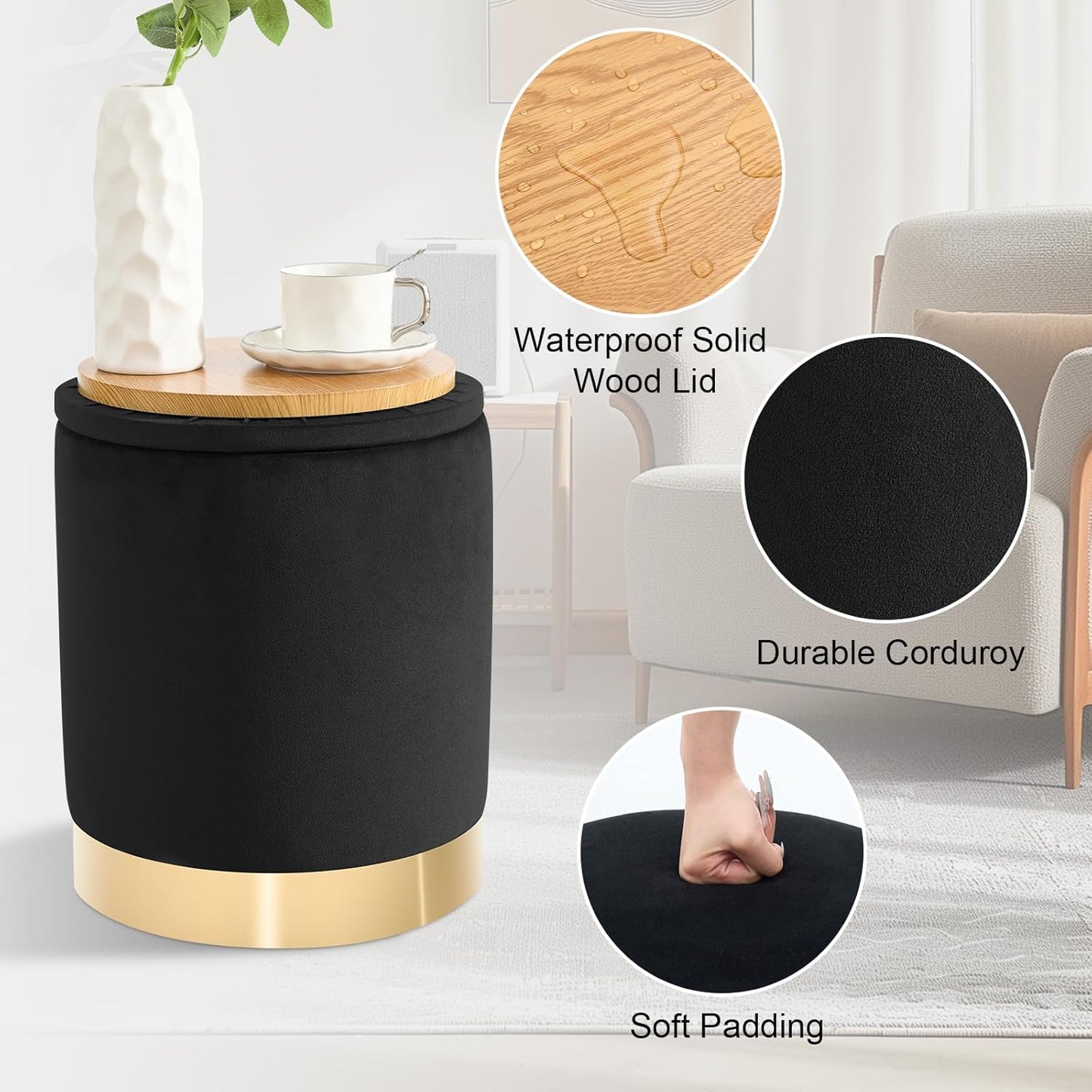 Round Ottoman with Storage Set of 2, Upholstered Velvet Storage Ottomans, Vanity Stool, Multifunctional Ottomans, Coffee Table Foot Rest Ottoman for Living Room Bedroom, Black