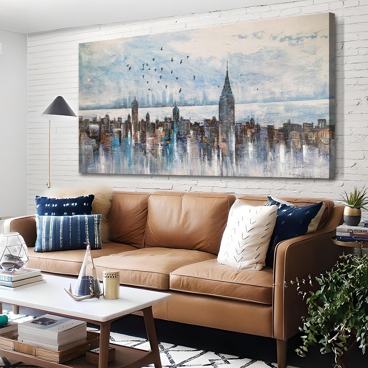 Arjun Cityscape Wall Art New York City Skyline Buildings Picture Modern Abstract Grey NYC Skyline Birds City View Painting Framed Artwork for Bedroom Living Room Home Office Decor Extra Large 58"x29"