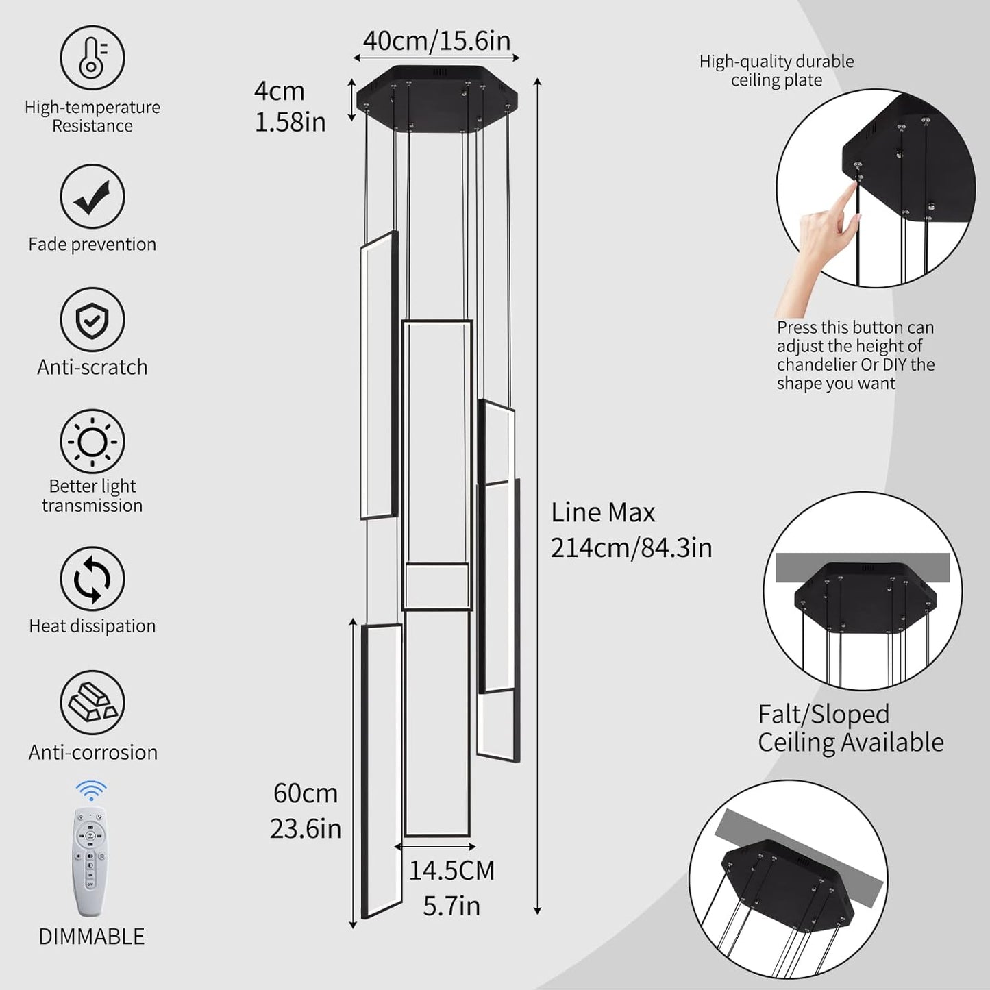 Modern Led Chandelier - Adjustable Black Lighting Fixture for High Ceiling, Suitable for Living Room, Staircase, Villa