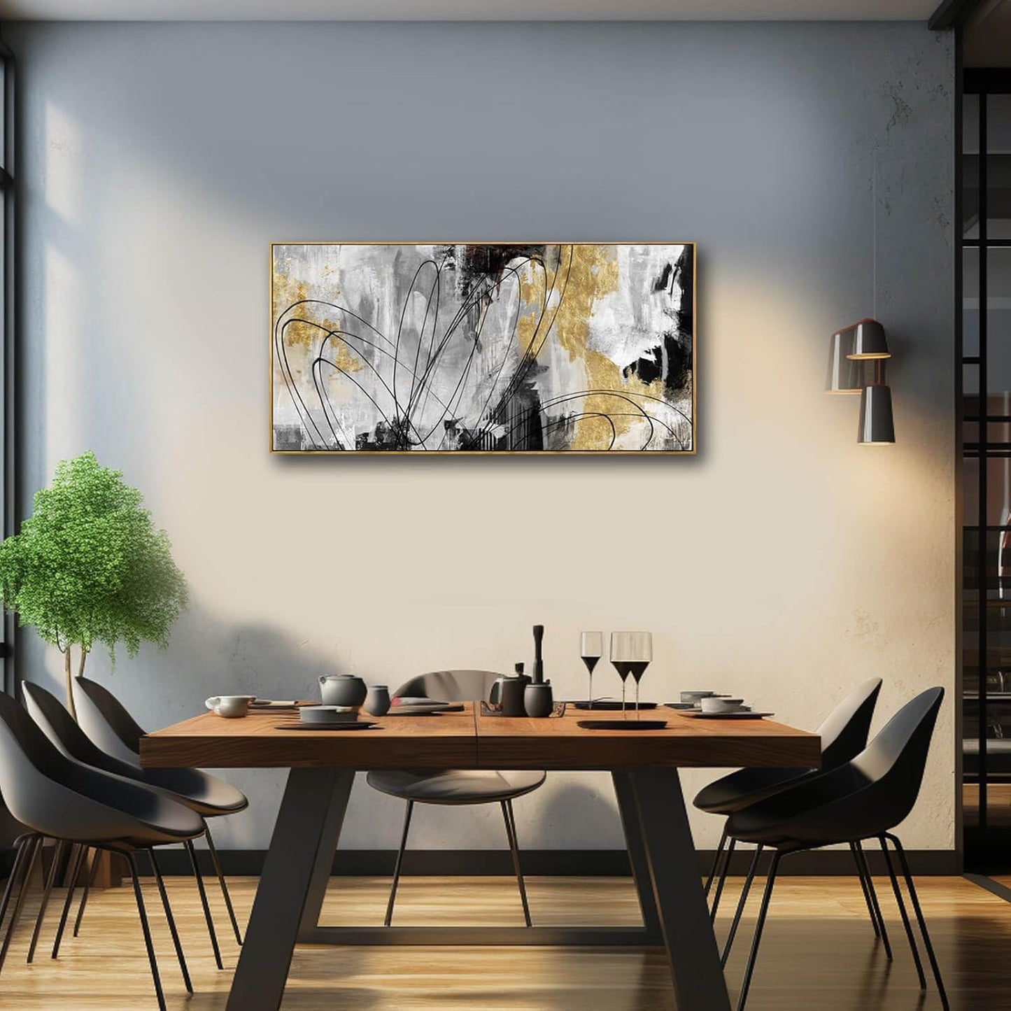YJYart Line Art Wall Decor Black and Gold Wall Artwork 20"x40" Canvas Wall Art for Living Room Kitchen Wall Picture Ready to Hang