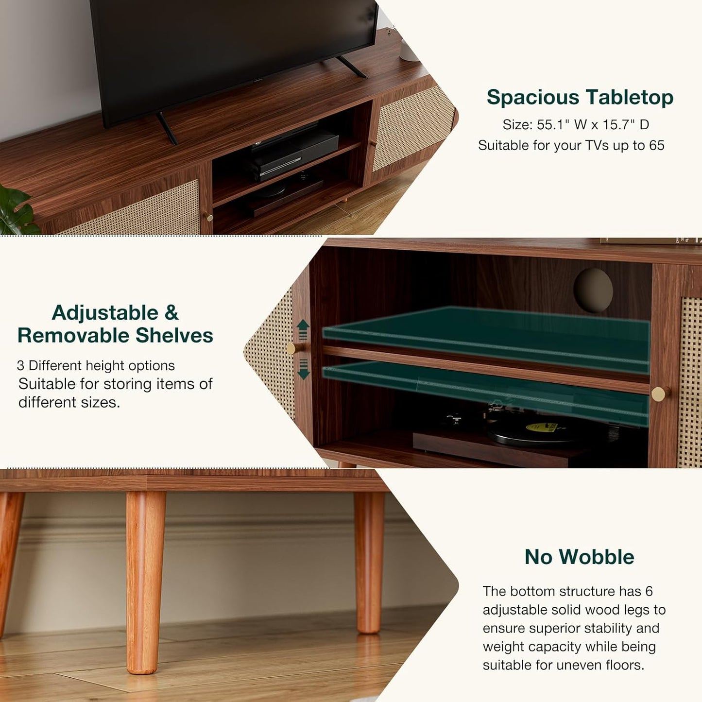 TV Stand for TVs up to 65'', Entertainment Center With Rattan Door, Shelves & 2 Cabinets, Long Boho Media Console for Living Room, Walnut