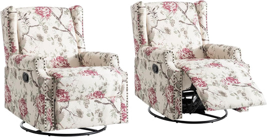 UIXE Swivel Rocker Manual Recliner Chairs Set of 2, Wingback Swivel Glider Fabric Nursery Reclining Sofa Chair, High Back Upholstered Arm Chair for Living Room Bedroom - Beige Floral