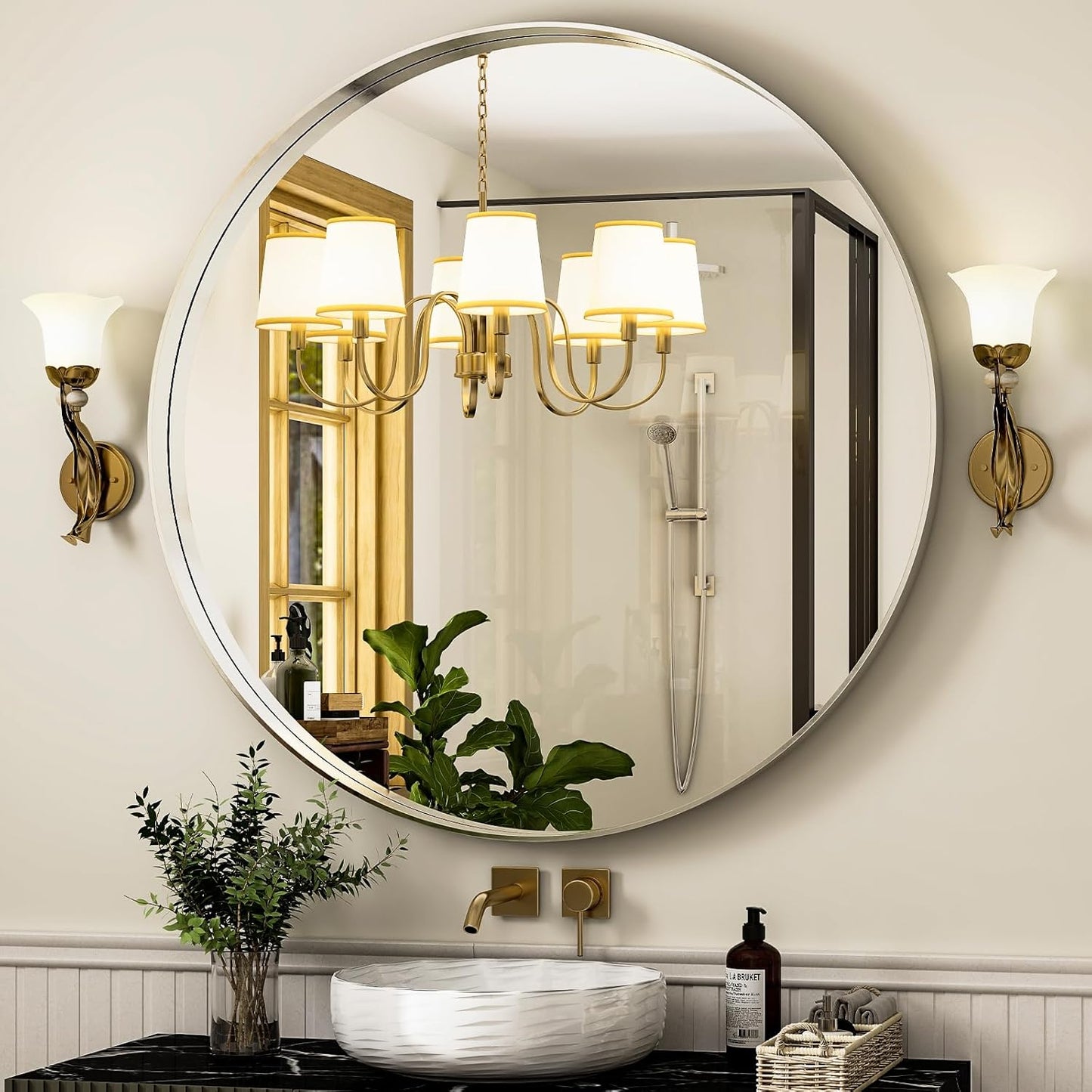 30 Inch Round Bathroom Mirror - Wall Mounted Circle Mirror with Metal Frame, Modern Mirror Suitable for Bathroom, Vanity, Entryway, Living Room, Wall Decor,Silver