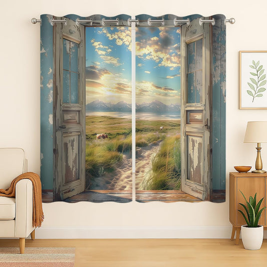 Landscape Blackout Curtains for Girls Boys Home Decor, Cow Sunset Grassland Mountain Natural Scenery Grommet Thermal Insulated Drapes Darkening Window Curtain for Bedroom Living Room, 72 x 63 Inch