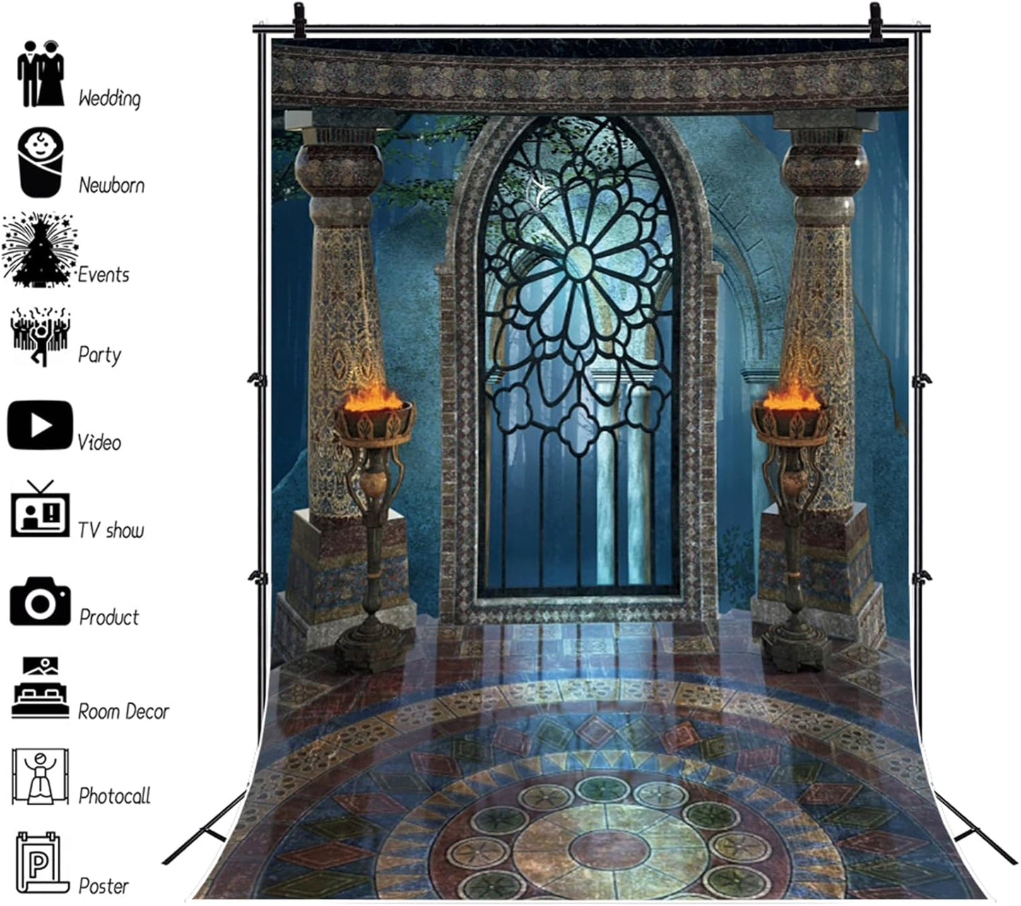 Renaiss 6x8ft Medieval Castle Backdrop for Photoshoot Portrait Pillar Torch Gothic Stone Tower Ancient Old Fortress Interior Photography Background Halloween Party Decor Wallpaper Photo Studio Props