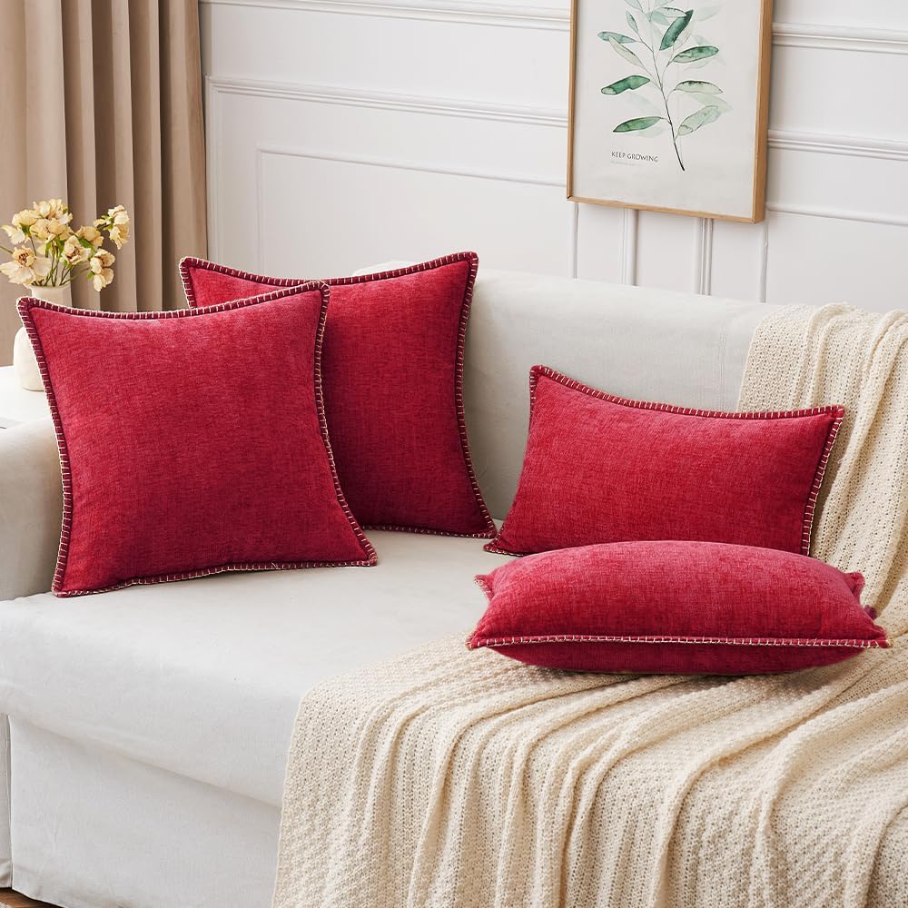 MIULEE Pack of 2 Christmas Pillow Covers 20x20 Inch Red Farmhouse Decorative Throw Pillow Covers with Stitched Edge Soft Chenille Solid Dyed Couch Pillow Covers for Sofa Bed Living Room