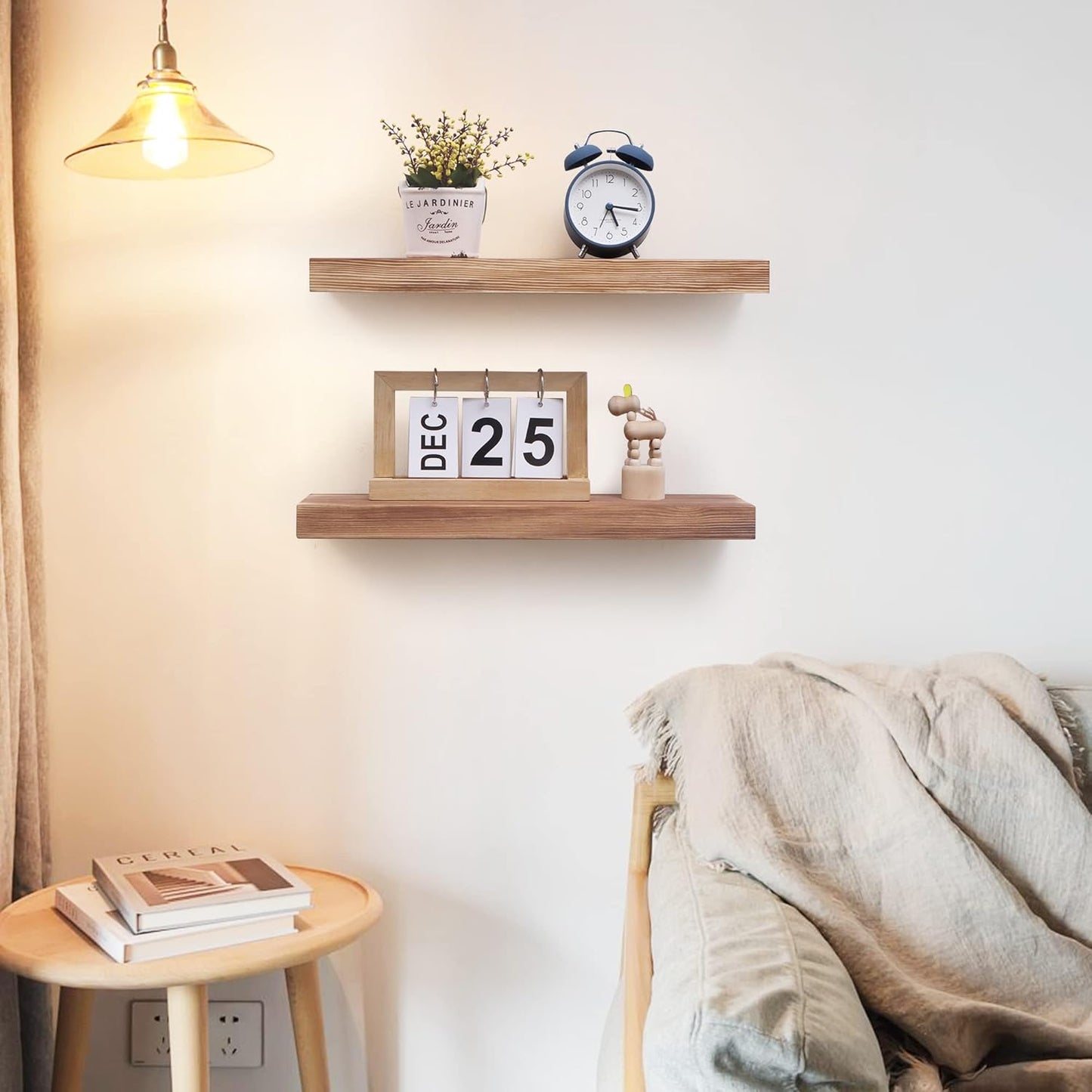 Fun Memories European Pine Floating Shelves for Wall, Mounted Shelf for Decor Storage Set of 2 - Natural Rustic Wooden Wall Shelf for Kitchen Bathroom Living Room Bedroom Farmhouse - Carbonized