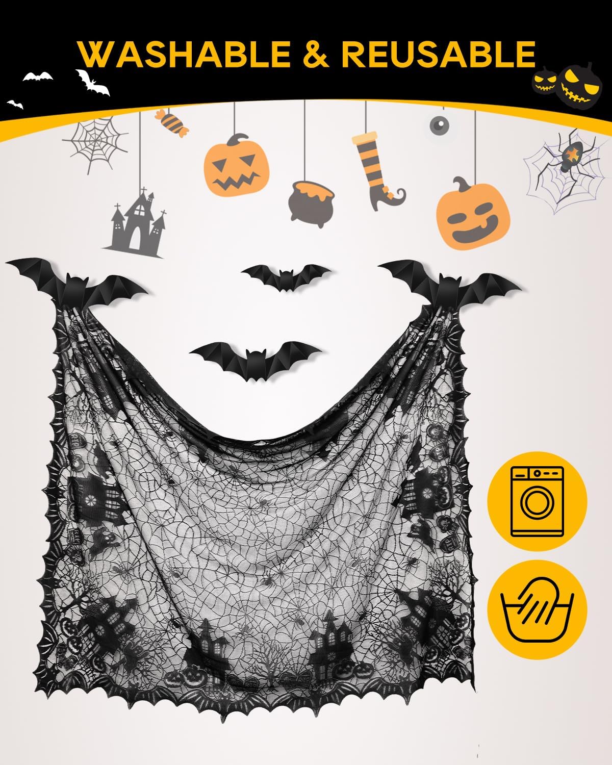 eZAKKA Halloween Table Cloth with 16 Pcs Bats Wall Decor, Spider Web Table Cloth Black Tablecloth Lace Fabric Table Cloths for Rectangle for Parties Gothic Spooky Home Decorations, 53x68 Inch