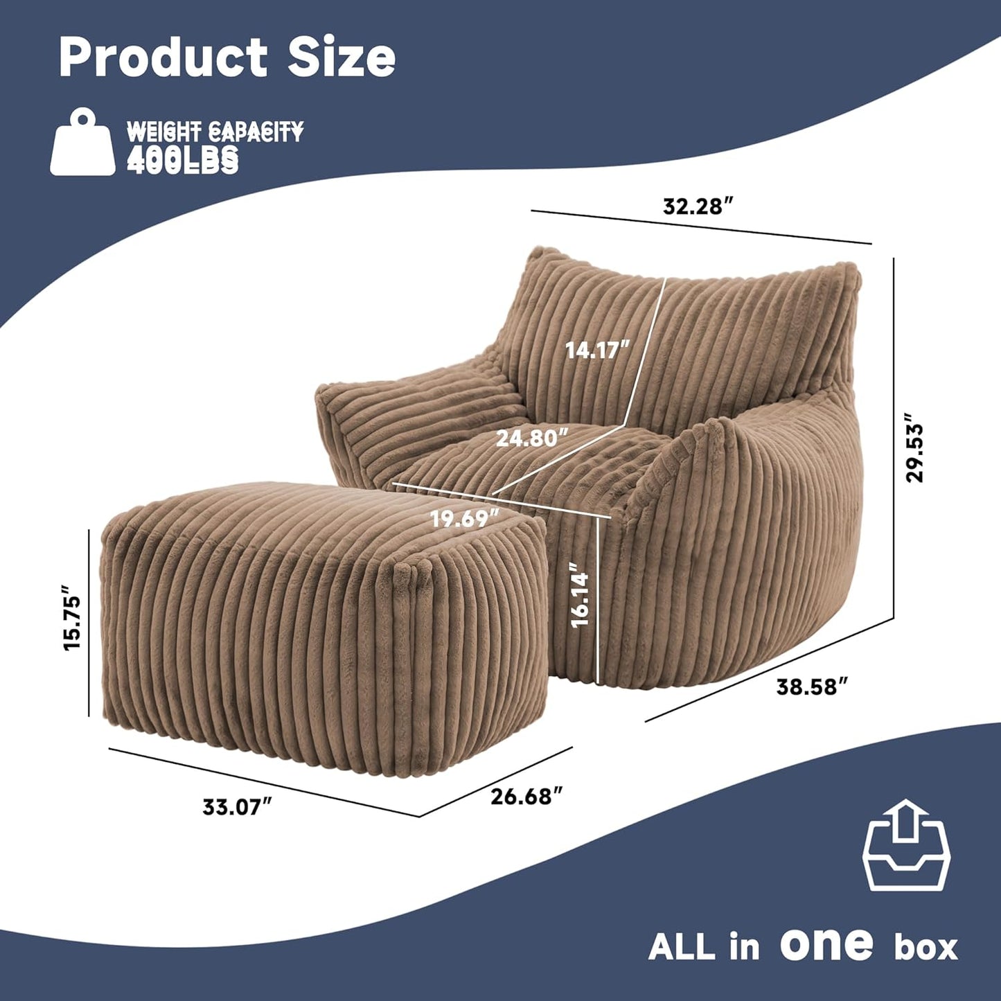 Giant Bean Bag Chairs for Adults, Oversized Chaise Lounge Chair Indoor with Memory Foam - Plush Boneless Lounger & Ottoman for Bedroom, Living Room, Gaming & Reading, Lazy Floor Sofa Chair, Khaki