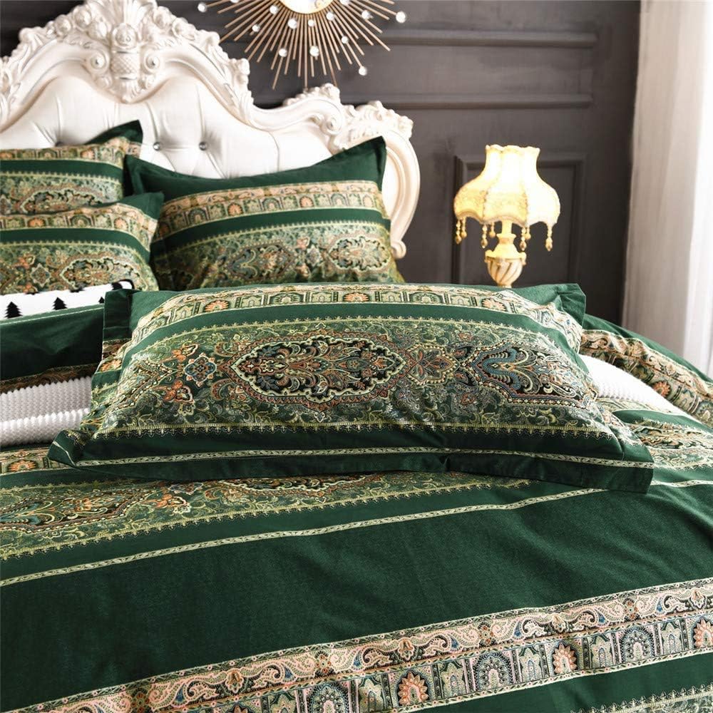 ABREEZE Bohemian Vintage Queen Size Floral Cotton Bedding Set 3Pcs Duvet Cover Set Boho Green Paisley 100% Egyptian Brushed Cotton Reversible Home Bedding Collection