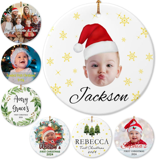 Personalized Baby Christmas Ornaments with Photo 2025 Custom Babys First Christmas Picture Name Ornaments,Double-Sided Ceramic Customized Xmas Ornaments for Christmas Tree