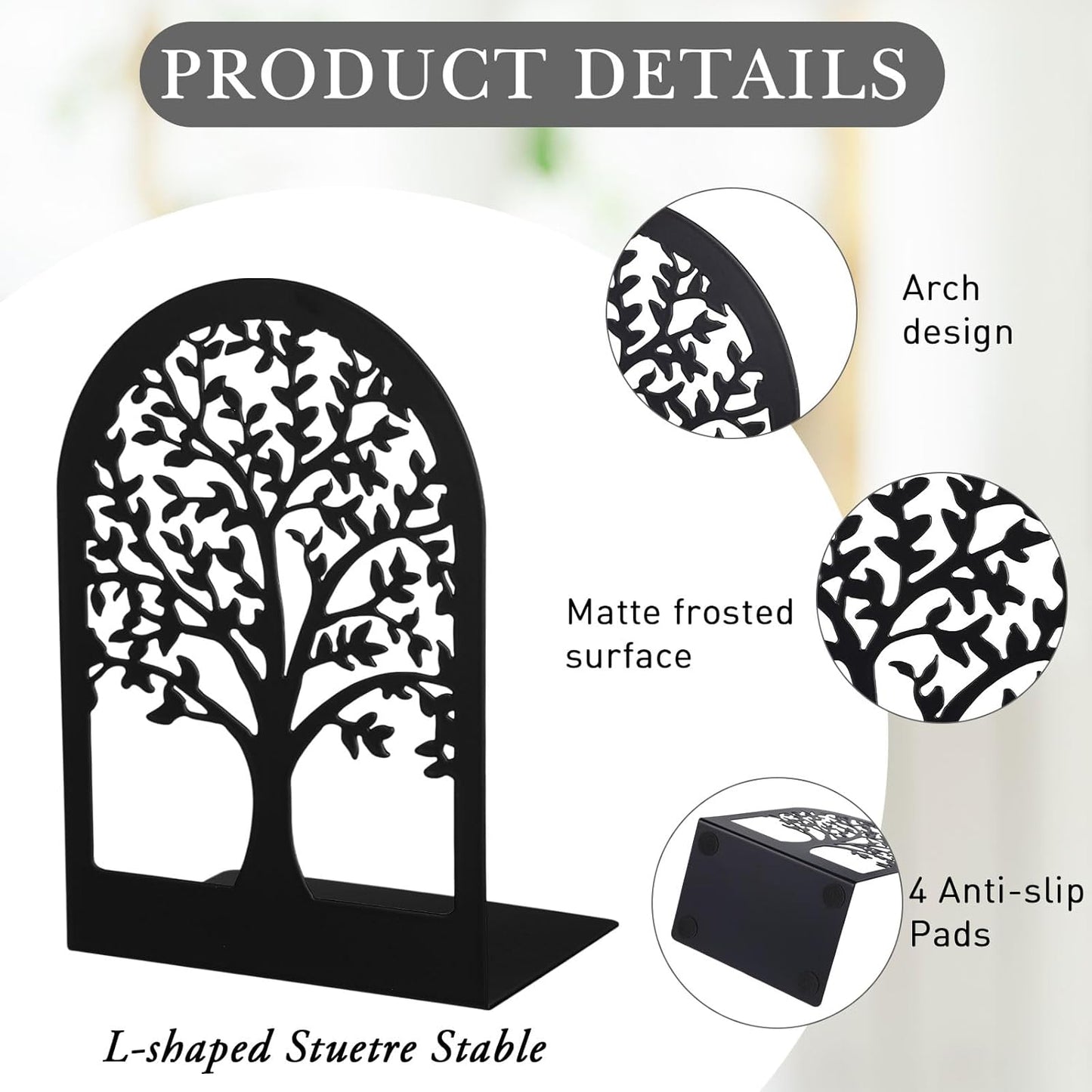 Faccito 5 Pairs Book Ends, Black Metal Bookends for Shelves Decorative, Non Skid Tree Stopper and Flower Shelf Holder for Heavy Books, Home Office School Supplies (Classic)