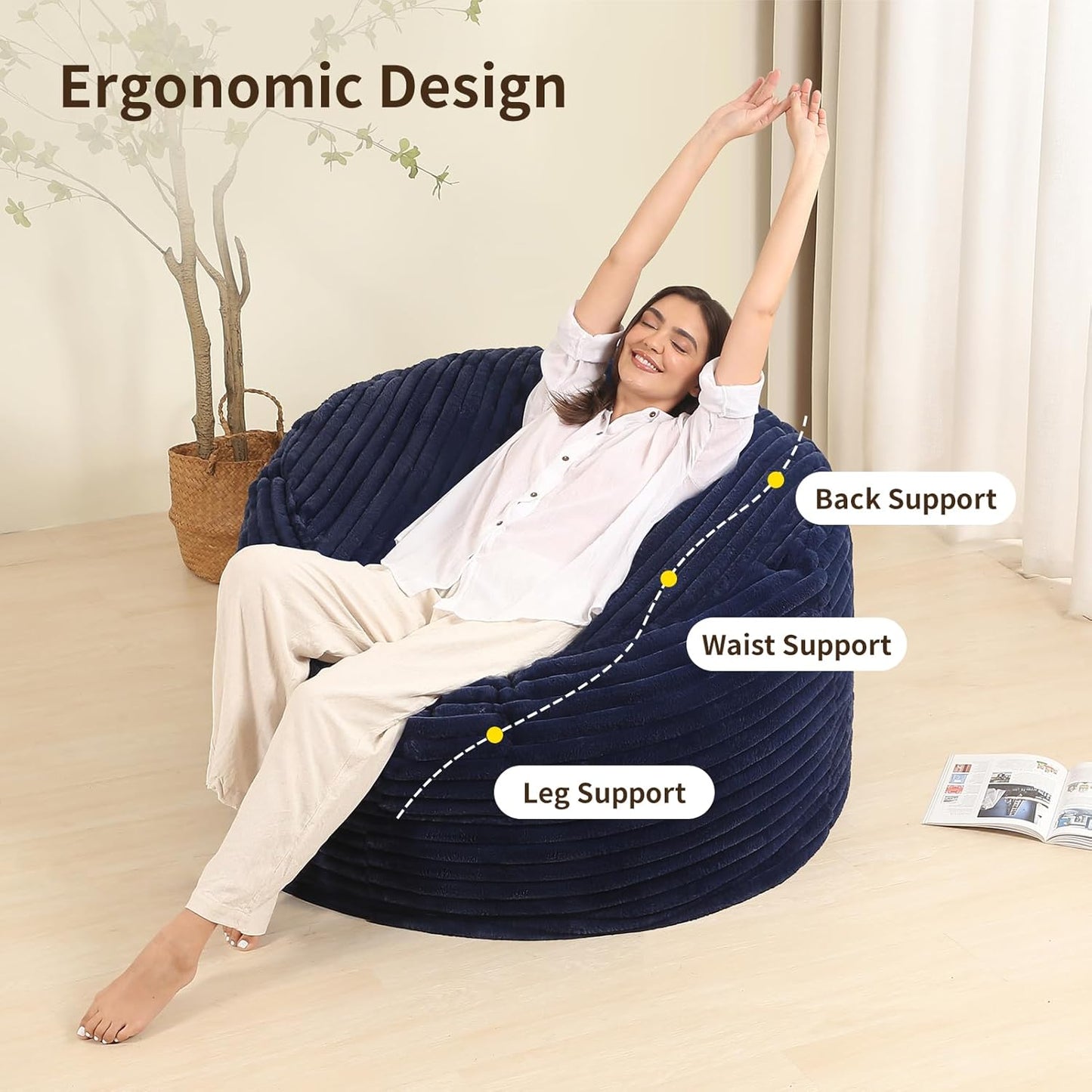 Memory Foam Bean Bag Chair for Adults/Teens, Bean Bag Sofa with Fluffy Removable Cover, for Living Room Bedroom, 3FT Blue