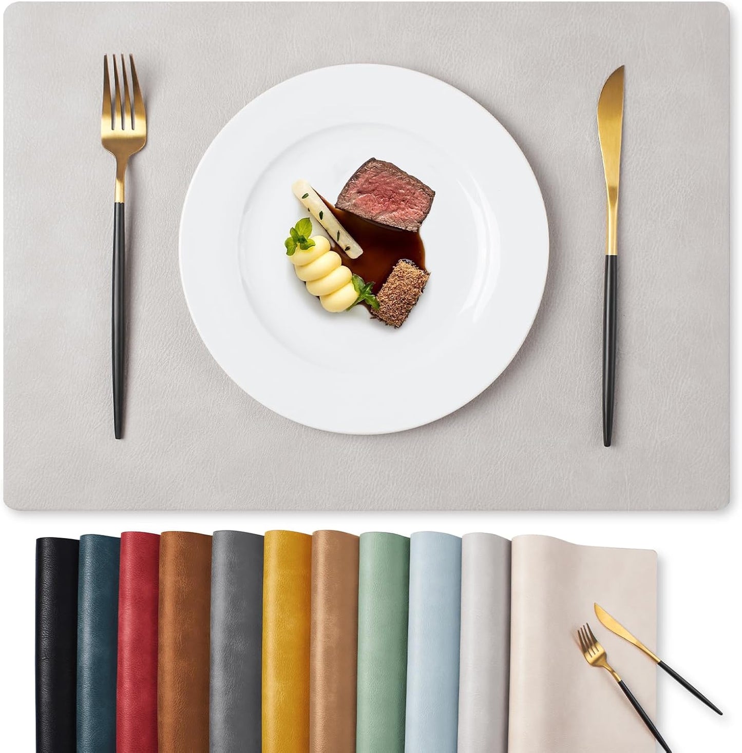 MOSAYT Vinyl Placemats Set of 12-12 X 17 Inch - Faux Leather 100% Waterproof Oil-Proof Wipeable PU Place Mats, Heat Resistant Reversible Table Mats for Kitchen, Dining, Outdoor (Light Grey)