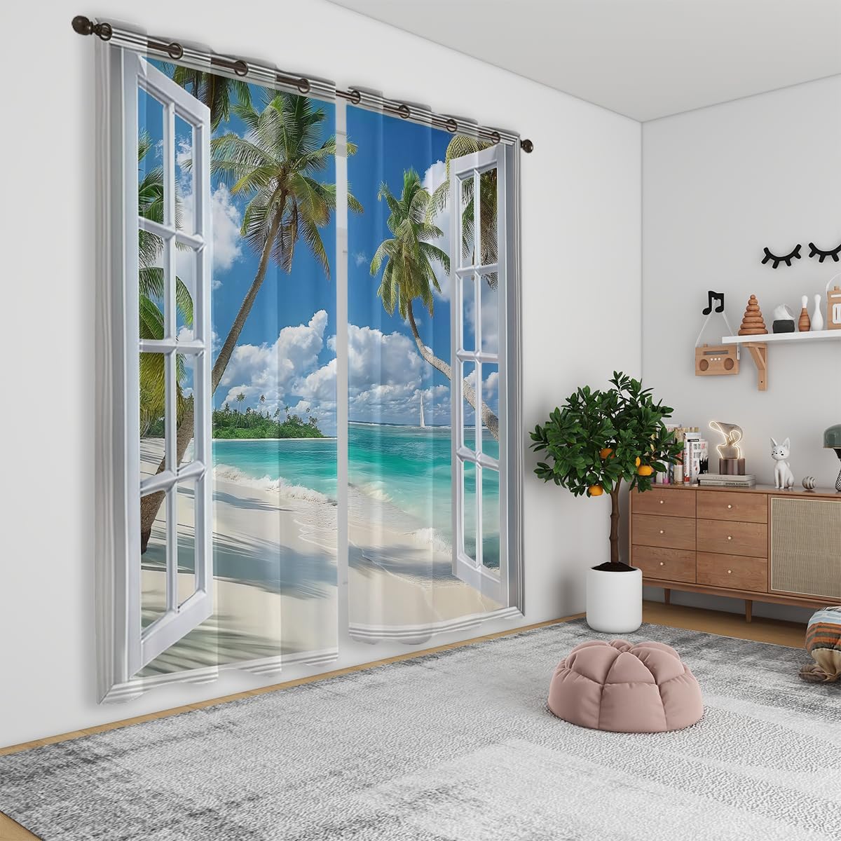 Beach Blackout Curtains for Girls Boys Teens Home Decor, Tropical Summer Scene Ocean Island Palm Tree Grommet Thermal Insulated Drapes Darkening Window Curtain for Bedroom Living Room, 55 x 63 Inch
