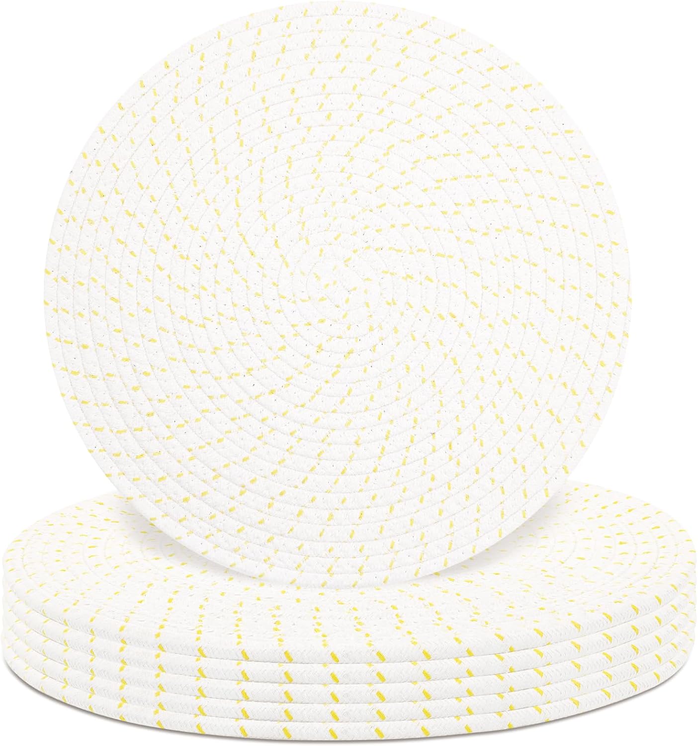 Round Placemats Set of 6, Cotton Rope Woven Table Mats, Hot Pads for Kitchen, Non Slip Heat Resistant Place Mats, 13 Inches Braided Placemat for Farmhouse Decor and Kitchen Table Decor (Beige Line)